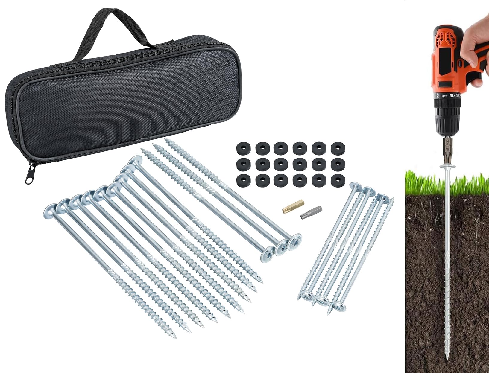 Lot de 18 piquets de tente avec embout et 18 rondelles - Boîte de transport pour camping, fixation de tente, camping-car, caravane, auvent ou protection contre les tempêtes - Argenté