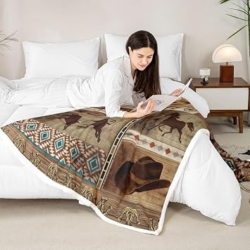 Western Cowboy Throw Blanket Bull Horse Queen 90X90 Plush Bed Blanket for Boys Men Adults Boho Aztec Fleece Blanket Rustic Farmhouse Horseshoe Soft Fuzzy Blanket Retro Brown Southwestern Room Decor