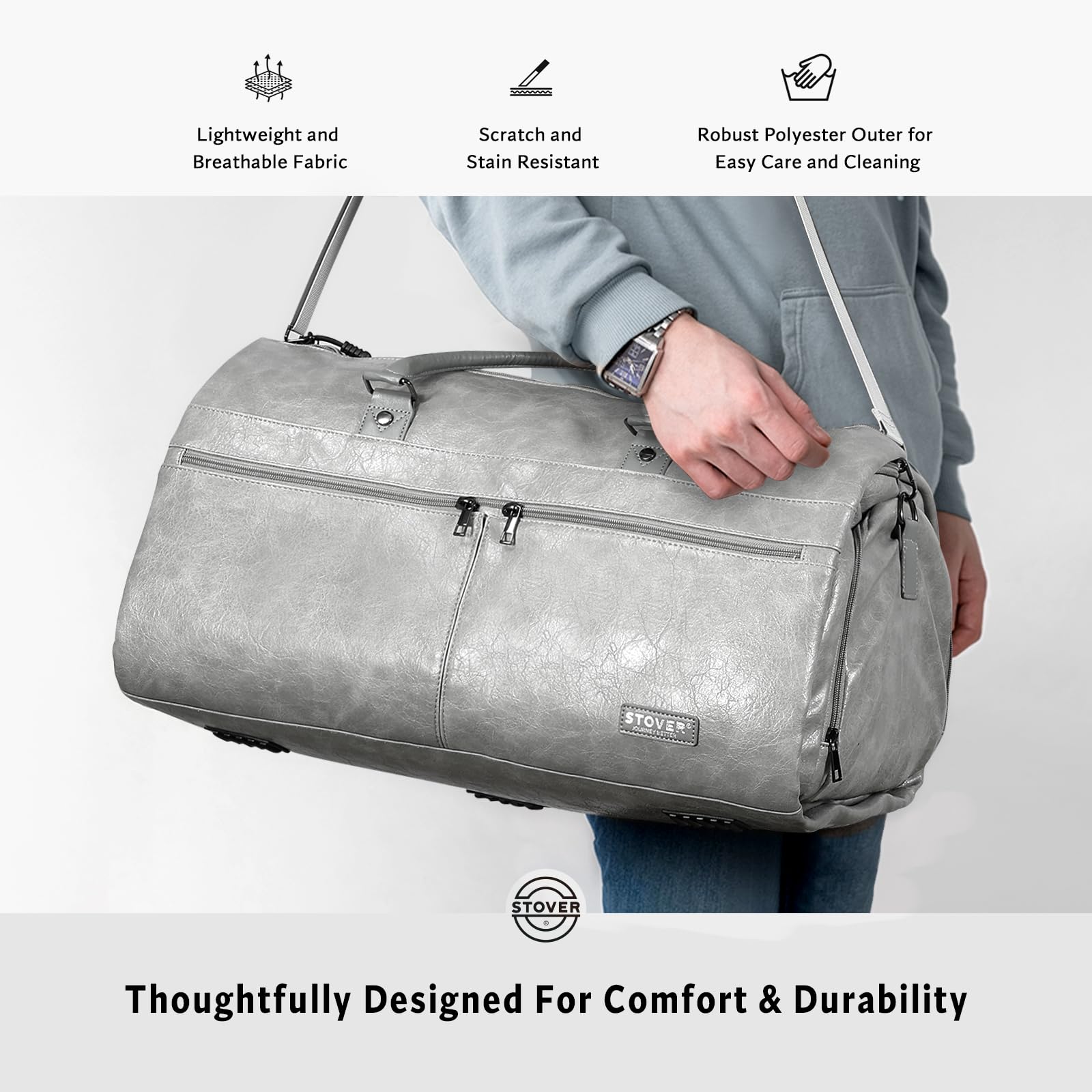 STOVER Bolsa de viaje grande 2 en 1, equipaje de mano convertible para hombres y mujeres, trajes colgantes, vestidos, ropa, compartimento para zapatos, bolsa de fin de semana, Piel sintética - Gris