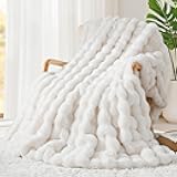 Touchat Luxury 1000GSM Faux Rabbit Fur Throw Blanket, Super Heavy Warm Cozy Blankets for Couch Bed Sofa, Bubble Plush Fuzzy Elegant Soft Reversible Mink Blanket for Living Room Bedroom, Cream White