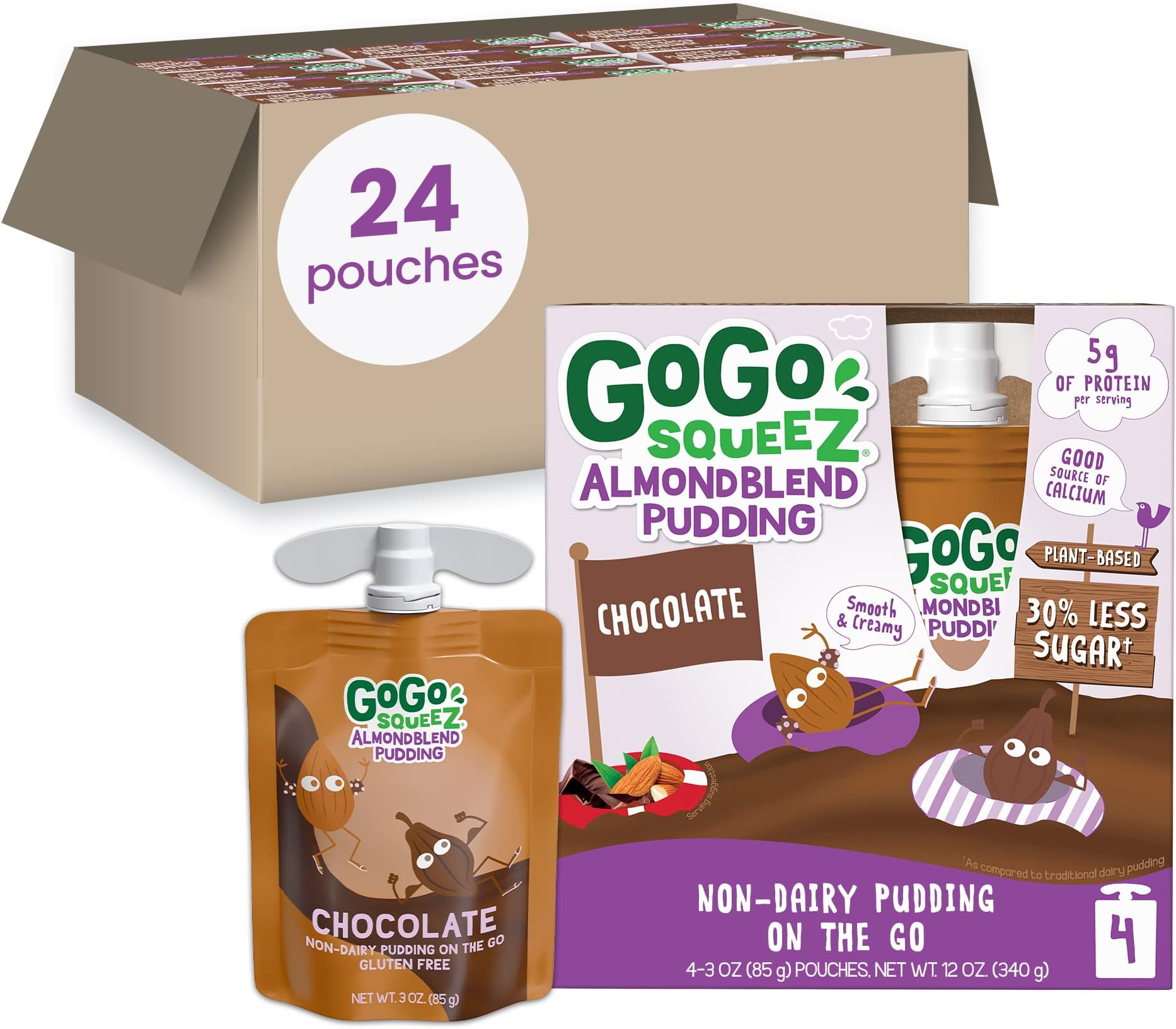 GoGo squeeZ AlmondBlend Pudding, Chocolate, 3 oz. (24 Pouches) - Non-Dairy Almond Pudding Kids Snacks - Pantry Friendly Snack - No Preservatives - Gluten Free Snacks for Kids