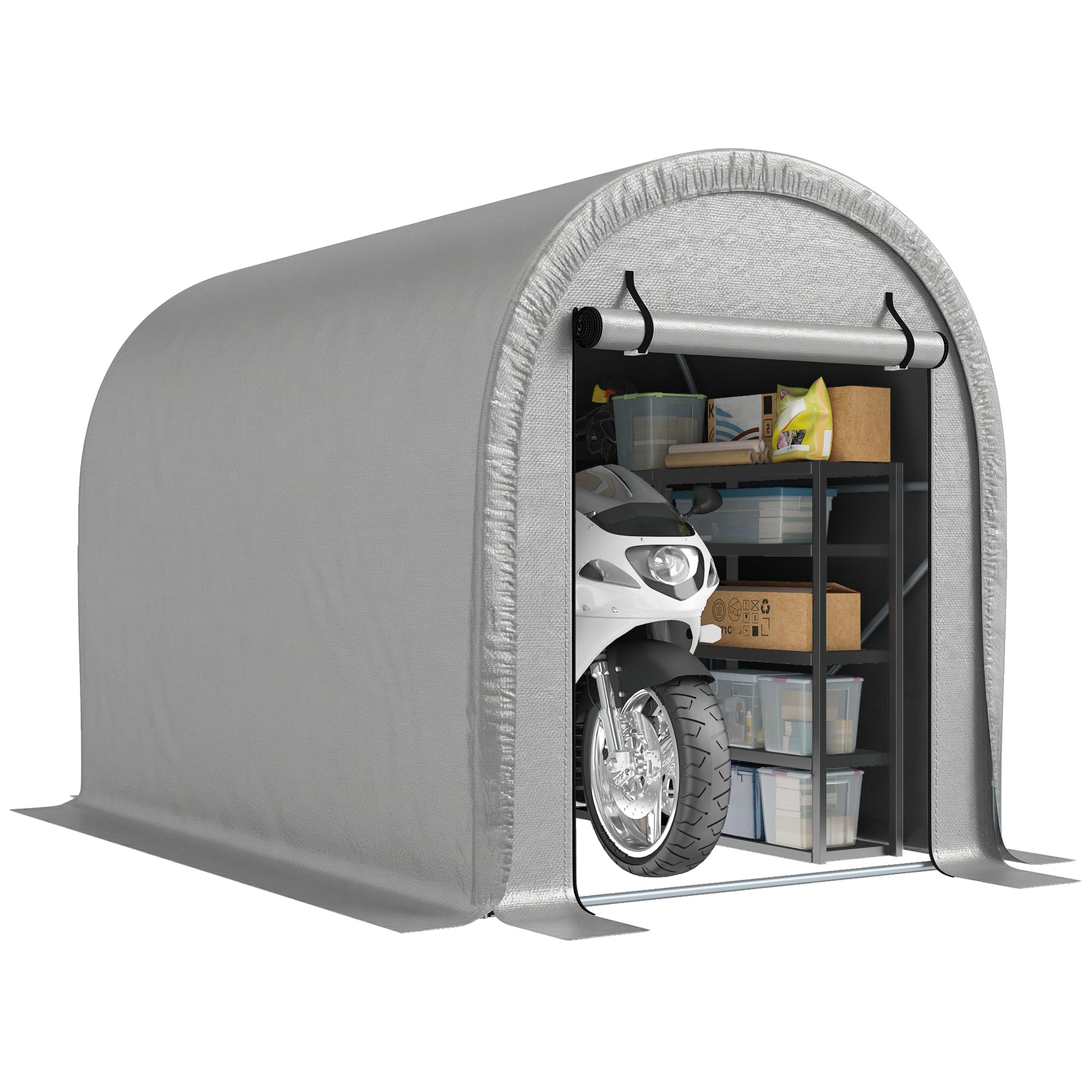 Outsunny Abri de Jardin Tente de Stockage Garage à Vélos - Acier Galvanisé & 160g/m² PE Anti-UV pour Moto et Tondeuse - Dôme Anti-Pluie Multi-Usage avec Ancrage 159x240x185cm, Gris Clair