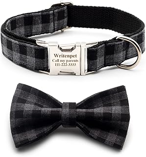Personalized Dog Collar with Bowtie, Customized Engraving Name Phone Number Address, Adjustable Sizes for Small Medium Large Dogs, Leash Optional (Gray/BlackÂ Plaid)