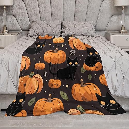 Miniatura 6 de Manta de calabaza de gato negro de Halloween para otoño, Halloween, manta suave y cálida de 50 x 60 pulgadas, manta súper suave y acogedora para