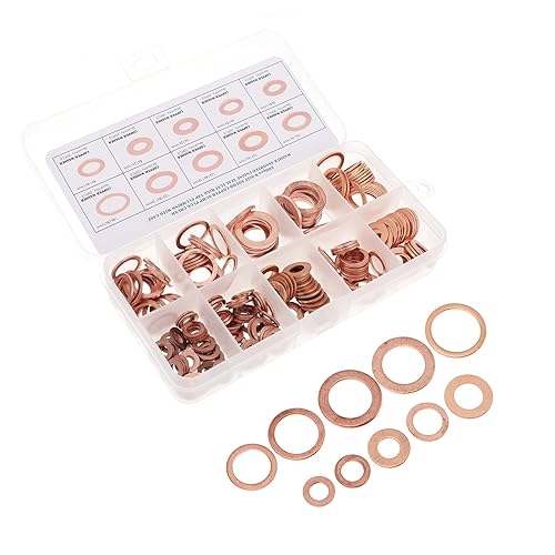 AUTSUPPL 200pcs Copper Sealing Washer Flat Gasket Set Flat Copper Washers Assortment Kit with Storage Box for Industrial and Automotive Use