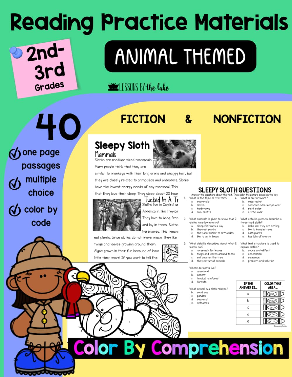 Reading Practice Materials: Color By Comprehension Questions, Second Grade Educational, Animal Themed Nonfiction and Fiction, Grade 3 Learning (Color By Comprehension Workbooks)