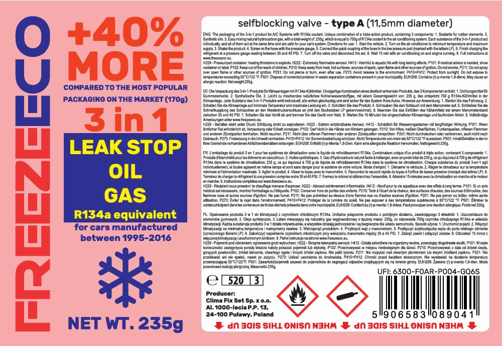 Kit Recarga Aire Acondicionado Coche - Gas Refrigerante R134a Sustituto 3 en 1 con Tapa Fugas y Aceite 235g - Incluye Manguera con manómetro de Baja Presión - Vehículos 1995-2016