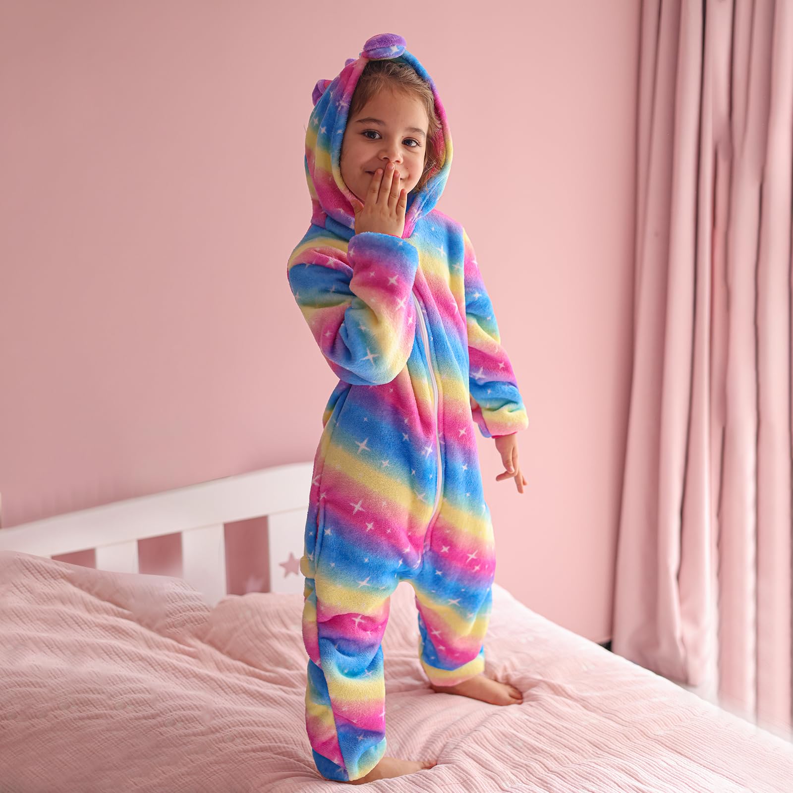 KAKU NANU Einhorn Onesie für Mädchen 2-10 Jahre,Strampelanzug Fleece Overall mit Reißverschluss 2 Taschen