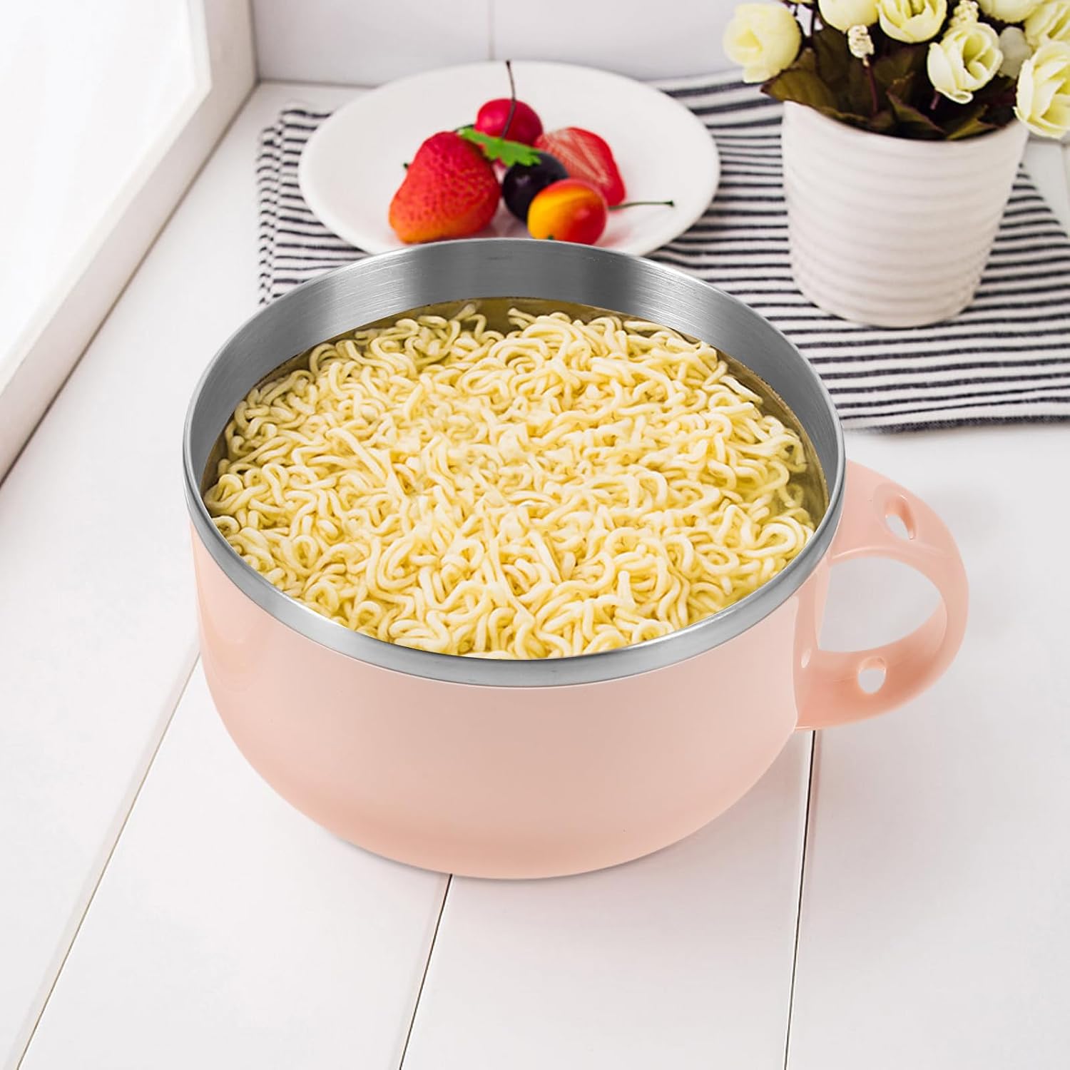 Cabilock 1200ml Pink Ramen Bowl with Lid, Ceramic Soup Bowl