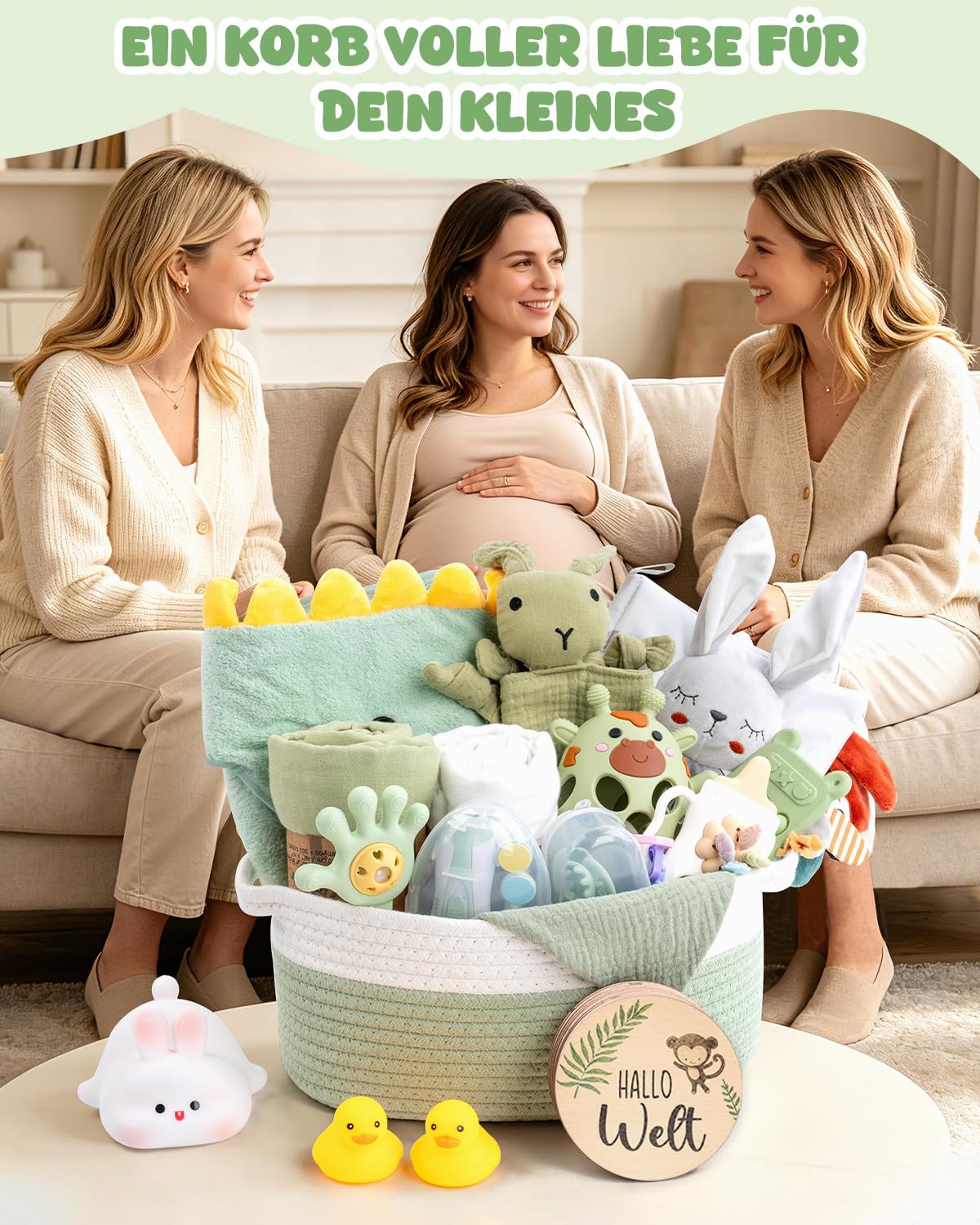 Geschenk zur Geburt, Neugeborenen Geschenk für Jungen & Mädel, Grün | Mit Babydecke, Baby-Nagelfeile, Beikost-Zubehör und Schnuffeltuch.