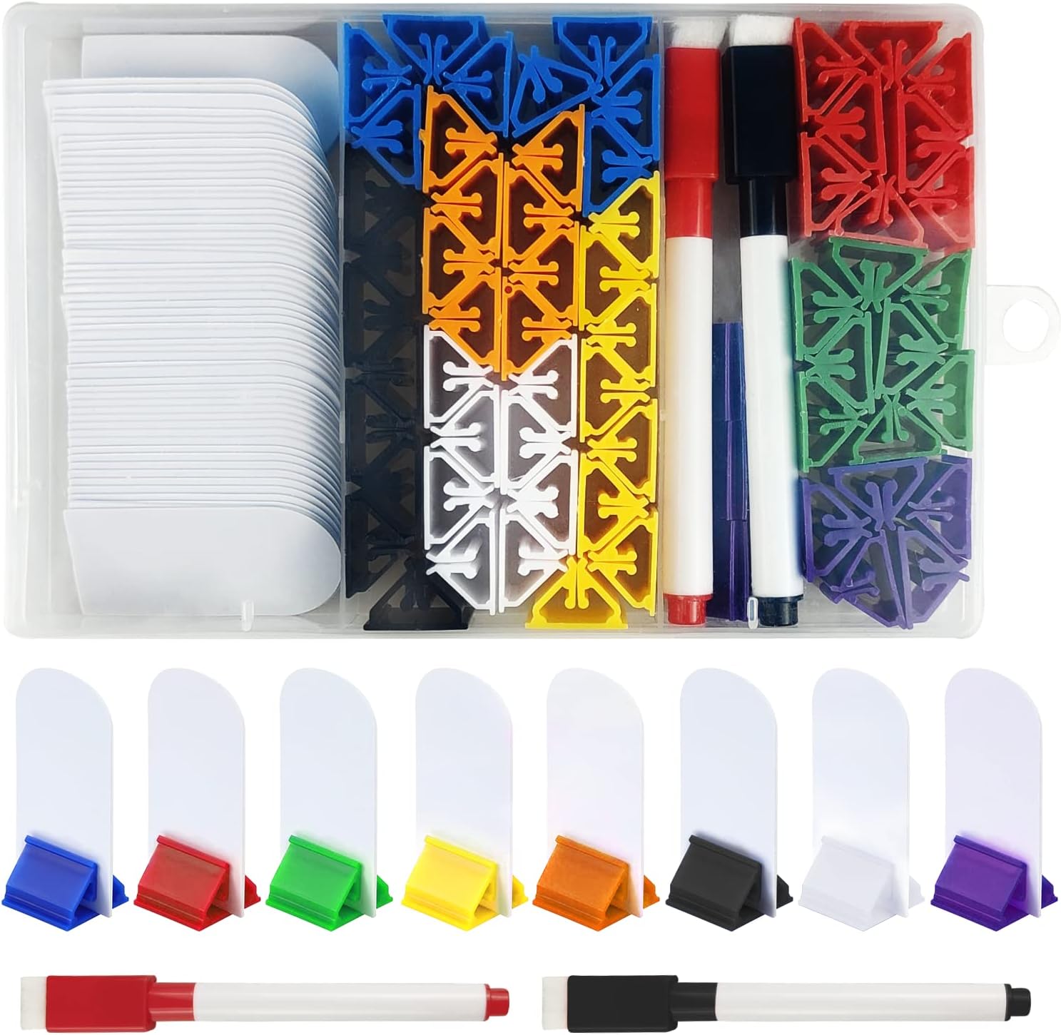 130-SET Game Card Stand & Marker Set - 8 Colorful Game Card Stands, 2-in-1 Marker Pens (Red+Black), Party Favor, Storage Box Included