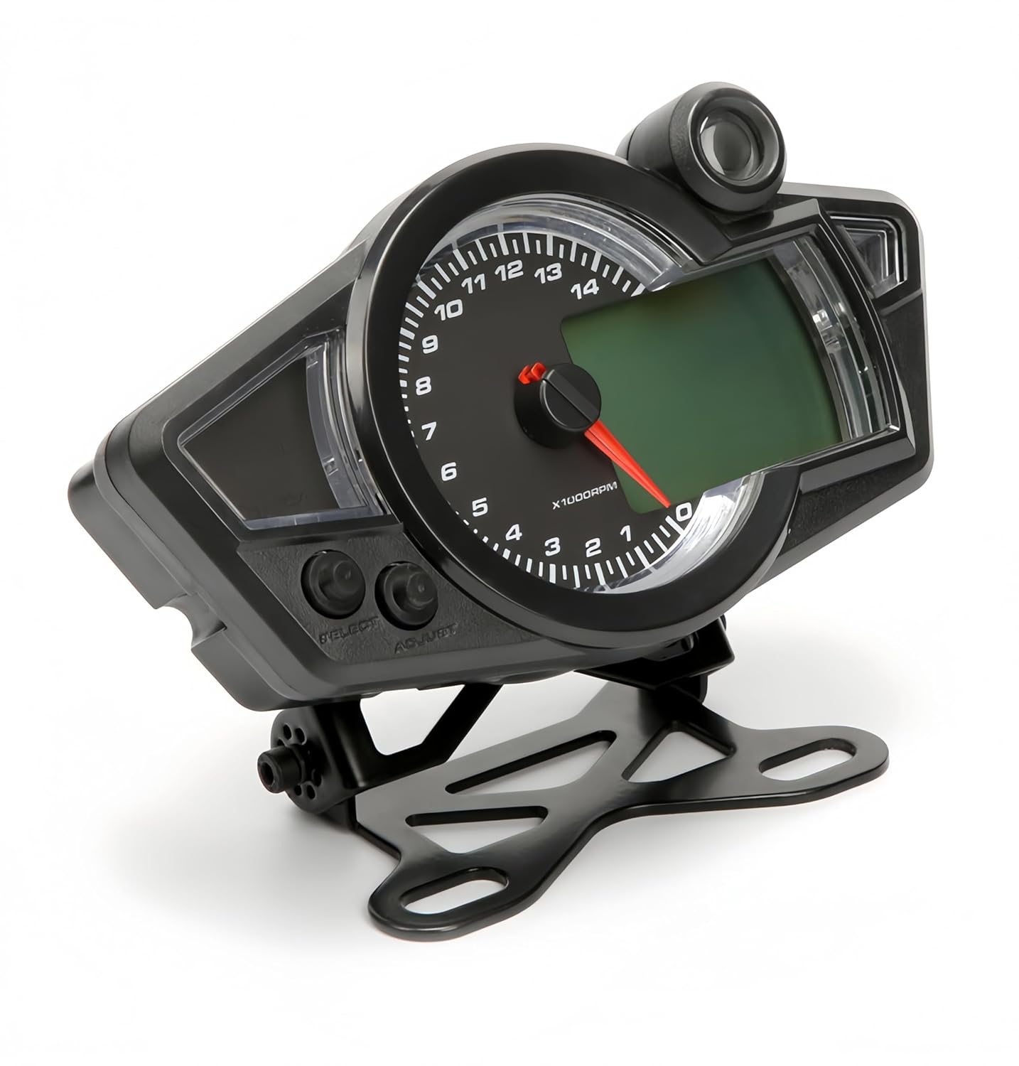 Universal LCD Motorcycle Speedometer, Digital Odometer Instrument Panel with Tachometer, Black, Multi-Function Display, 47.24in Cable