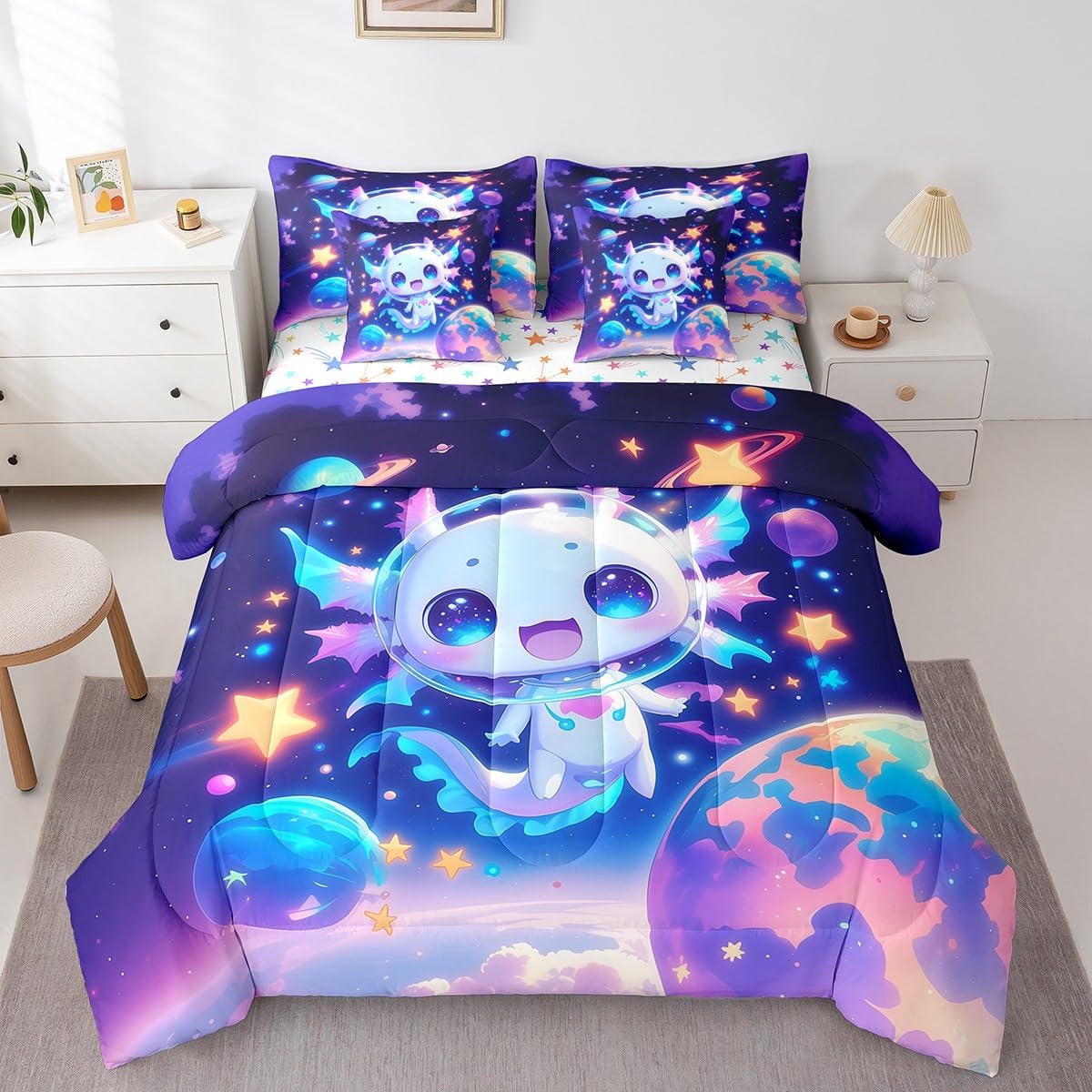 Cute Axolotl Bed in a Bag Kids Cartoon Salamander 7 Piece Bedding Set Twin Size Universe Planets Ocean Sealife Comforter Set with Sheets,Pillowcases & Pillow Covers Room Decor Soft Outer Space Galaxy