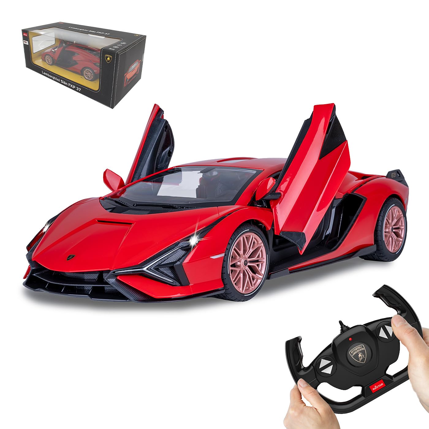 JAMARA Lamborghini Sián FKP 37 2,4 GHz 1:14 drzwi ręczne - samochód RC, oficjalnie licencjonowany, czas jazdy do 1 godziny, ok. 11 km/h, idealnie odtworzone szczegóły, szczegółowe wnętrze, czerwony