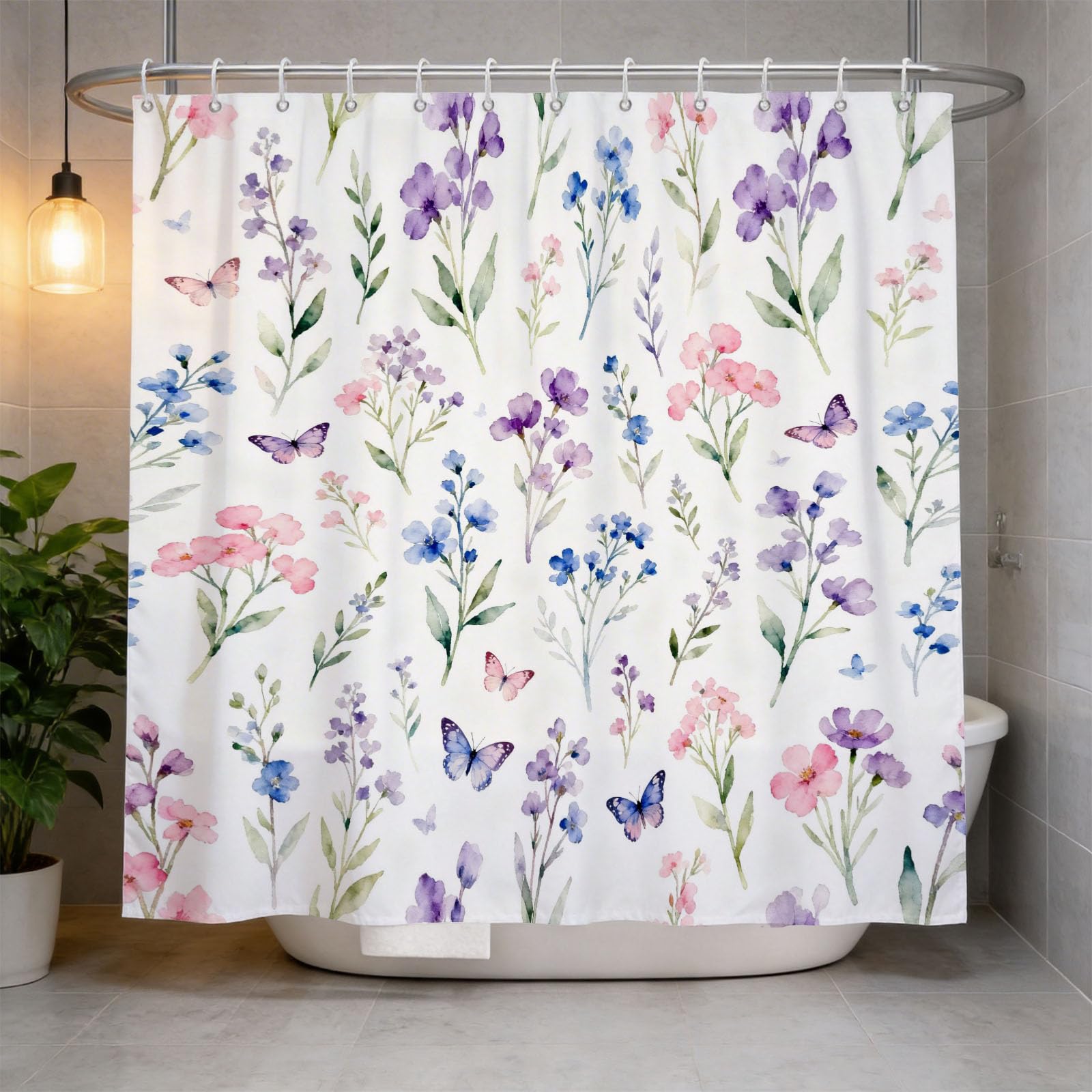Hongduo White 3D Butterfly & Flower Pattern Shower Curtain For Stalls Bathtubs Pastoral Style Bathroom Decor Shower Curtain Set Polyester Fabric Waterproof 180X180cm/71X71 Inch With Hooks