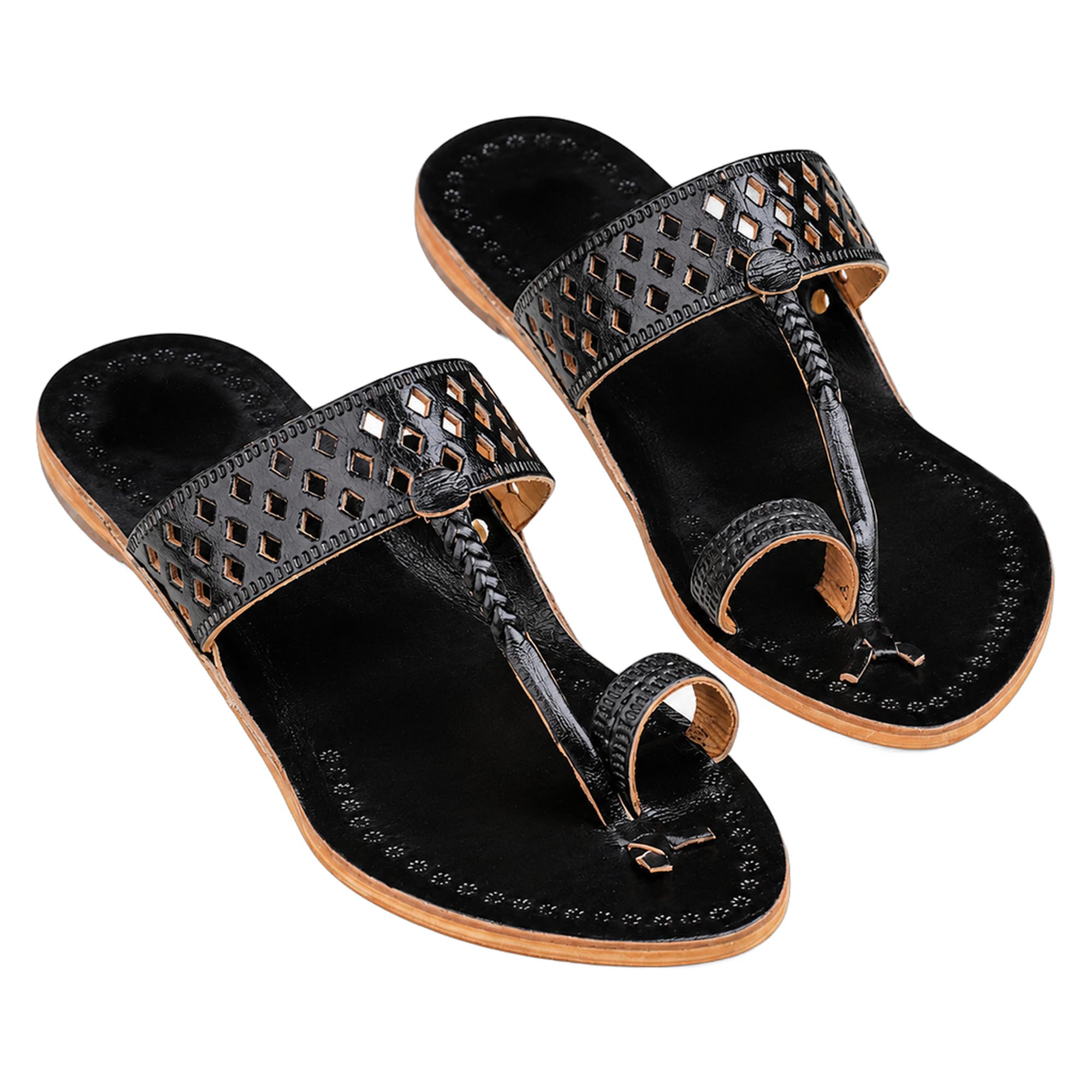Kajala Women's Kolhapuri Chappal for Women | Genuine Leather Handmade GI-Tagged Ethnic Sandals | Black Flat Slippers for Casual & Office-image-31
