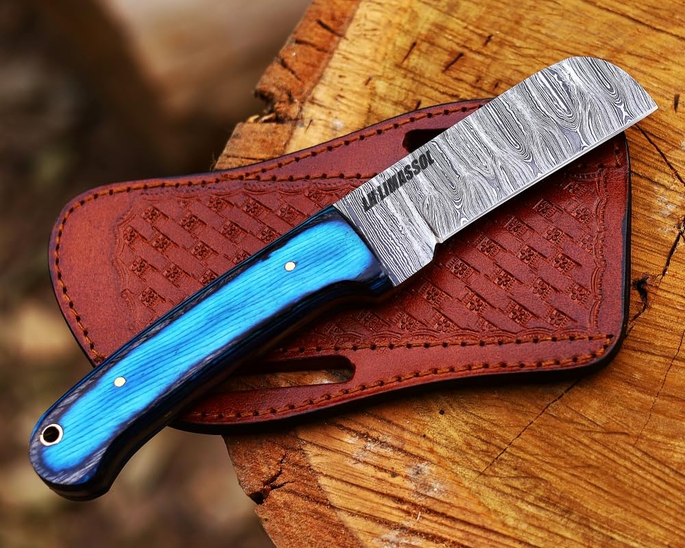 Custom Handmade Damascus steel Bull cutter knife, cowboy knives with pancake leather sheath