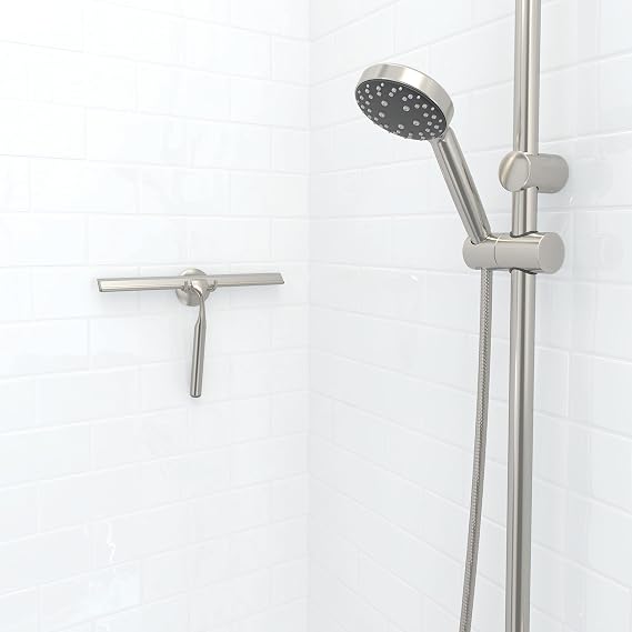 Better Living Deluxe XL Shower Squeegee, Multi-Purpose Silicone Squeegee Blade with Storage Hook, Rust-Proof Heavy Duty Window, Glass, Shower Scrubber, Windshield Wiper, 12, Brushed Nickel