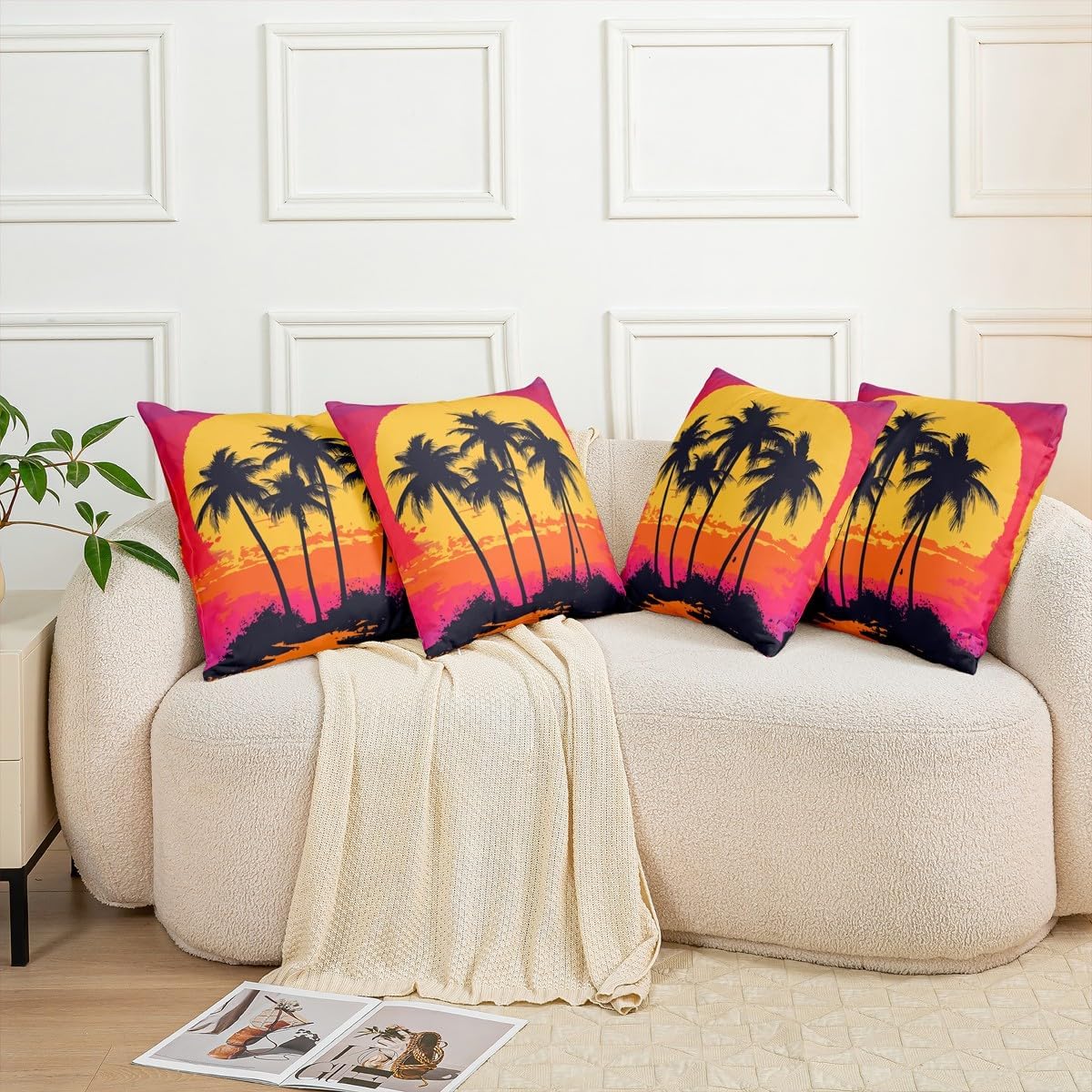jejeloiu Beach Sunset Cushion Case Palm Tree Throw Pillow Covers for Kids Boys Girls Ocean Beach Decor Pillowcase Purple Yellow Indoor Outdoor 22"x22" Set of 2