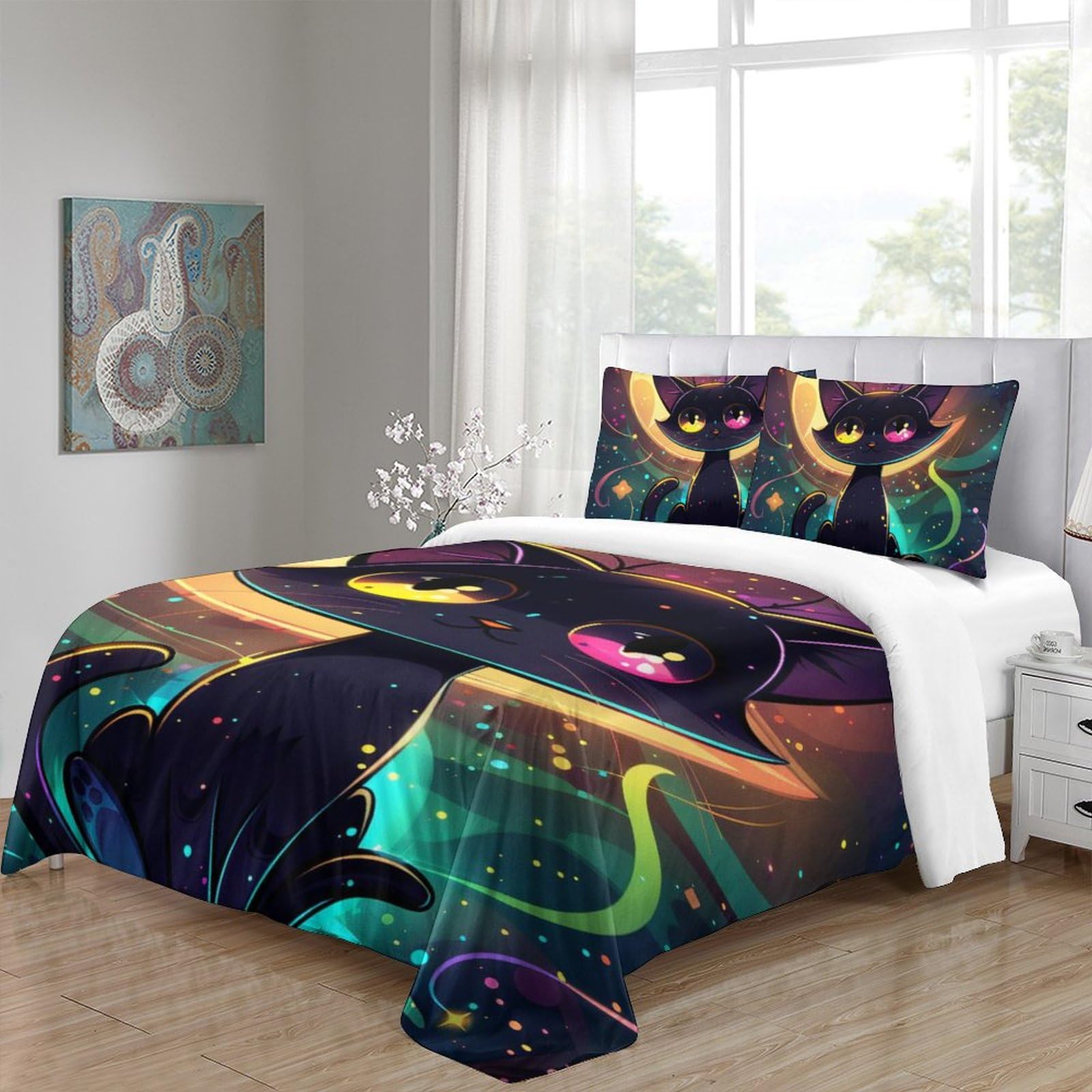 Impresas En 3D Gatos Juego De Ropa De Cama Infantil Microfibra Suave Funda Nórdica Fundas De Almohada 3 Piezas Cierre De Cremallera Double（200x200cm）