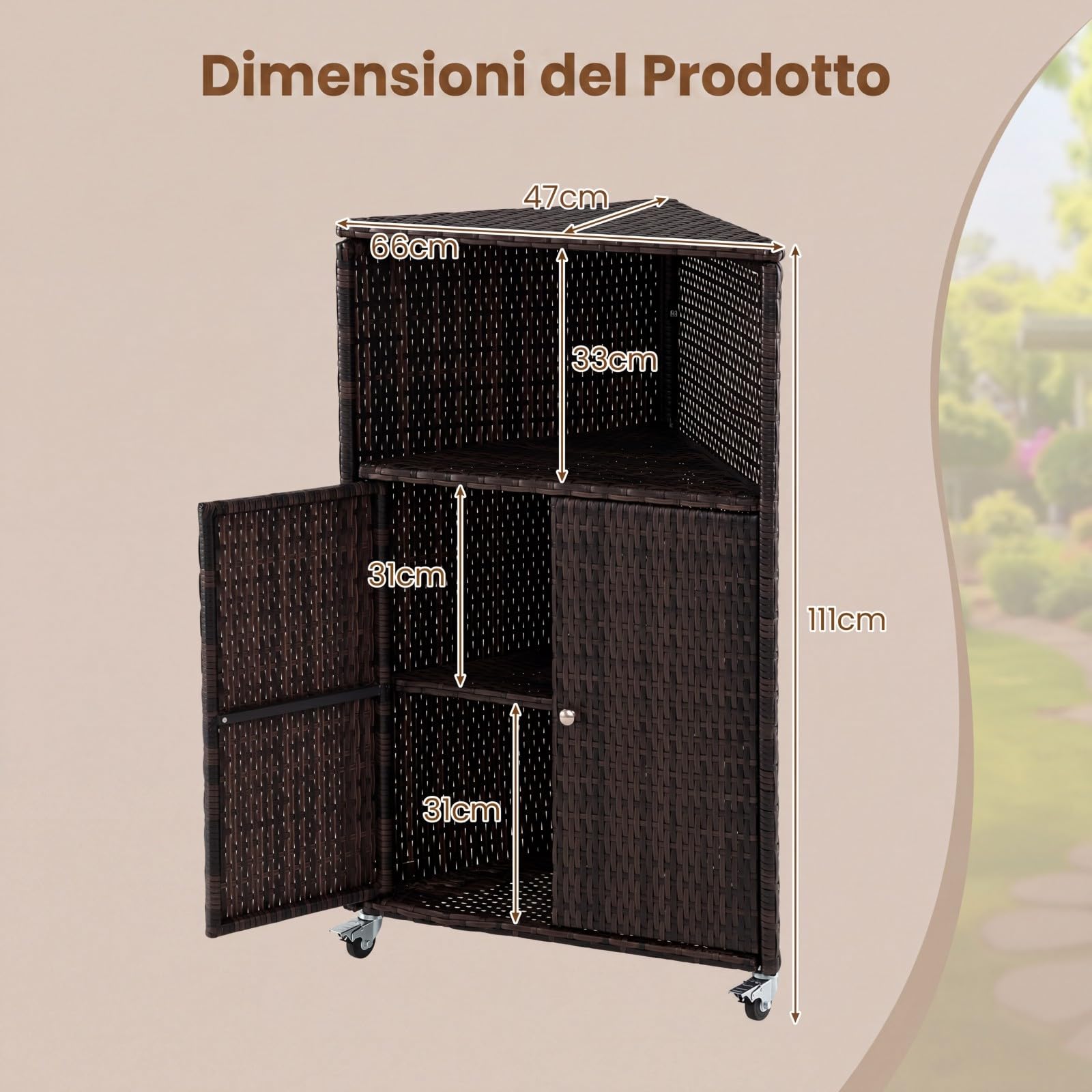COSTWAY Armadietto da Esterno Angolare, Armadio da Esterno in Rattan PE con Ruote Bloccabili, 2 Ripiani Aperti e 2 Ante, Credenza da Cucina per Giardino, Piscina e Terrazza, 66 x 47 x 111 cm