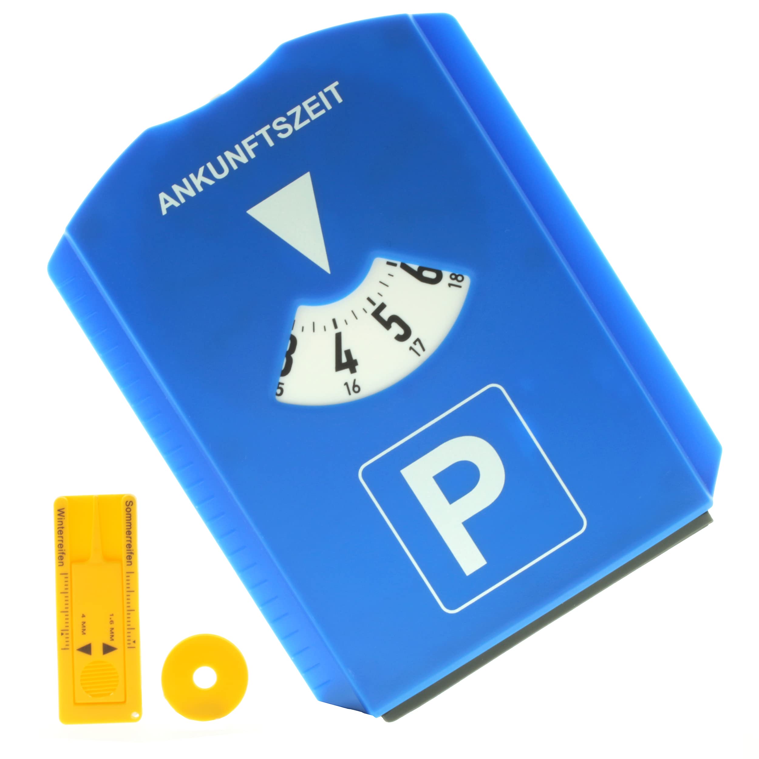 der kleine Handwerker Parkscheibe 5-in-1 mit 15-Minuten-Einteilung, Eiskratzer, Gummilippe, Reifenprofiltiefenmesser und Einkaufswagenchip Parkuhr für Auto Deutschland & Österreich