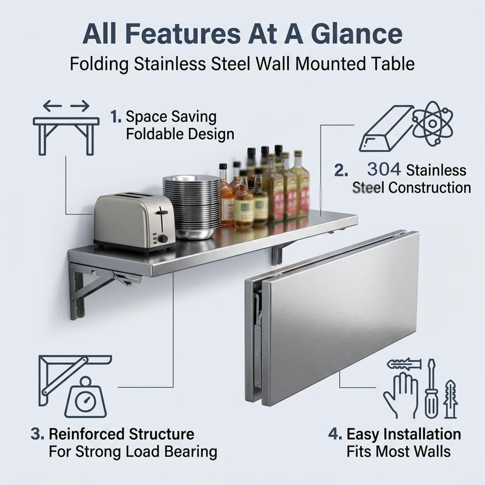 Tavolo pieghevole a parete / Banco da lavoro pieghevole in acciaio inox 304 | Tavolo da Lavoro Ribaltabile per Cucina, Garage, Lavanderia, Banco scrivania Galleggiante per Laptop,(80*30cm/31.5*11.8in)