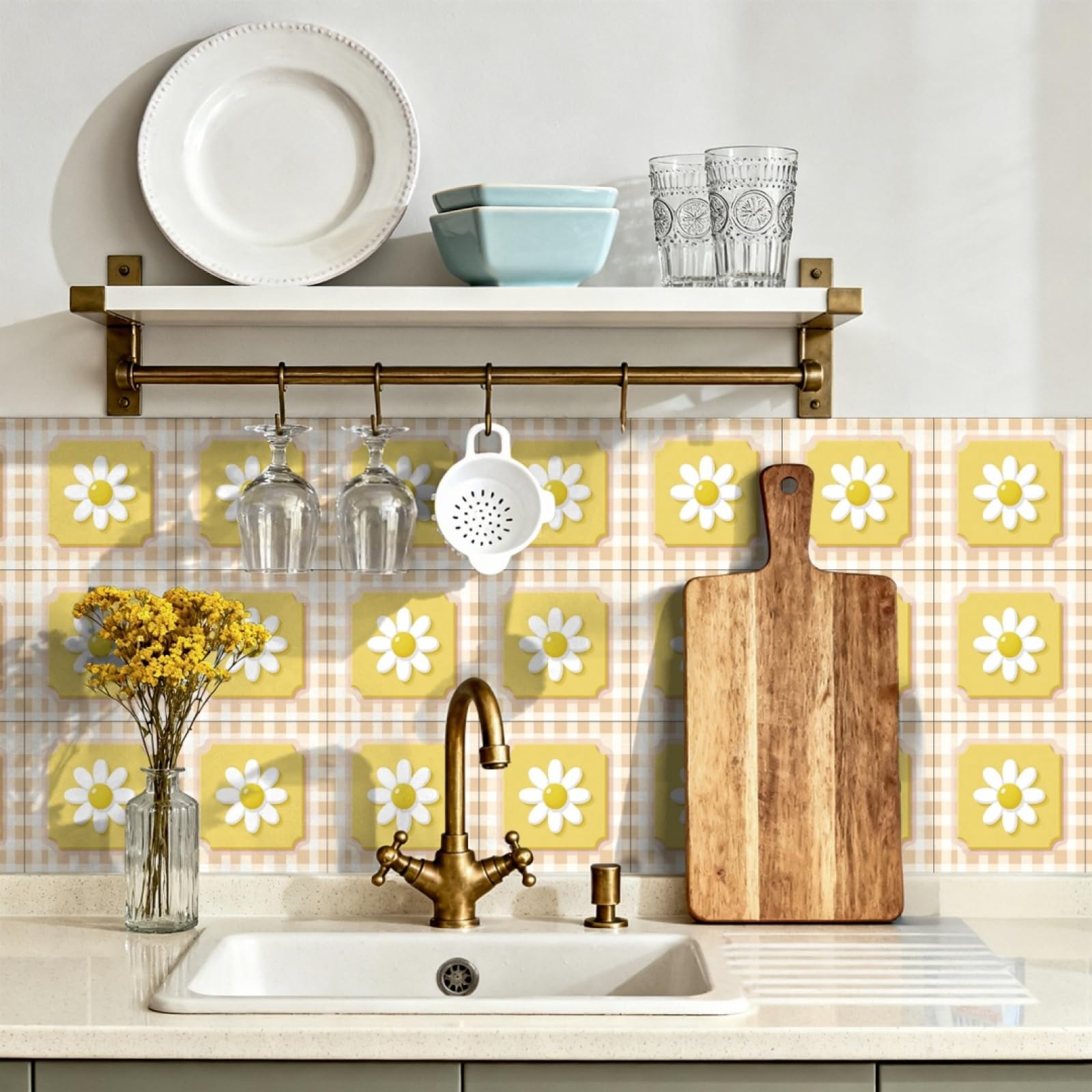 LMYSXAOZ Tile Stickers Yellow Flowers Waterproof Vinyl Stick on Tiles Backsplash Self Adhesives Peel and for Bathroom 10 PC(15X15cm)