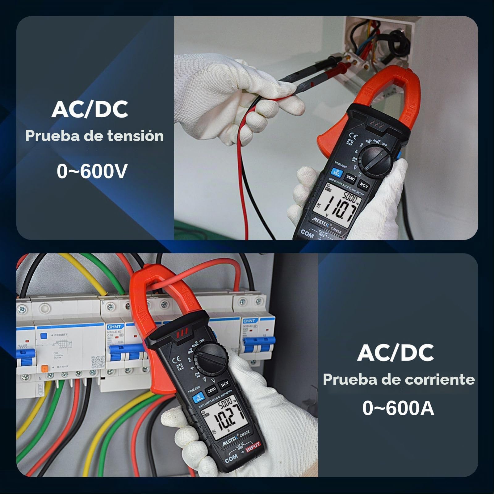 Pinza Ampérimetrica CA/CC MESTEK, Multímetro Digital Polimetro Voltímetro Amperimetro 6000 Cuentas T-RMS Autorango, Tester para Corriente Voltaje Resistencia Continuidad Temperatura Diodo Bateria NCV