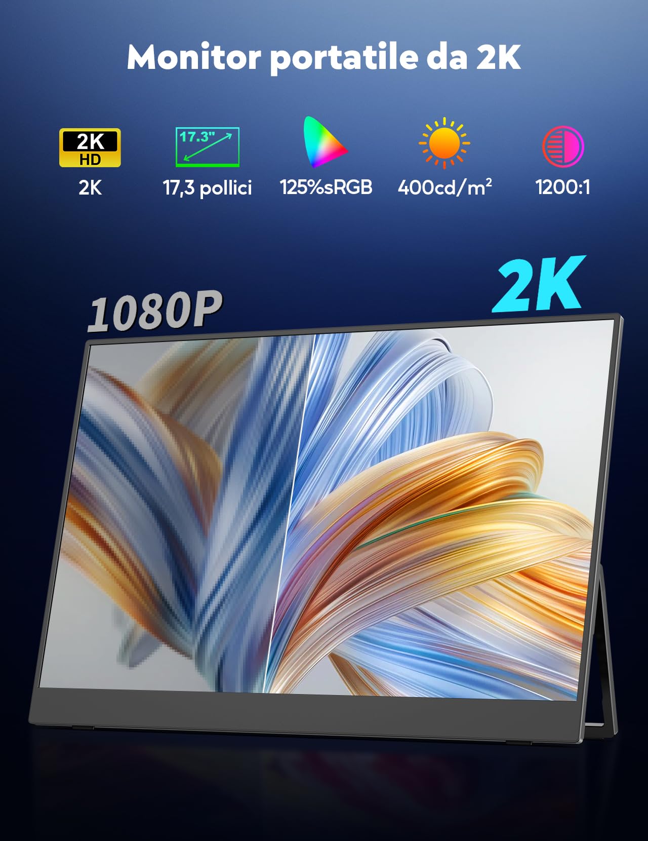 17.3" 2K Monitor Portatile Wireless (WiFi), 2560×1440P QHD Schermo Portatile Batteria Integrata(8000mAh), Monitor Portatil Senza Fili, Supporto AirPlay/Miracast, per Laptop/PC/Mac/Telefono/Tablet
