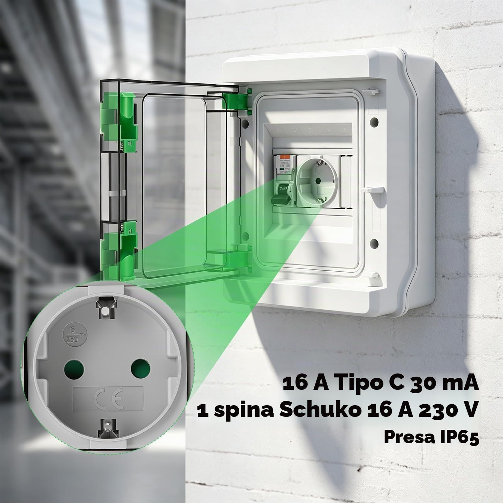 Presa con RCD, Quadro elettrico esterno IP65 Impermeabile con presa Tipo C 16 A e interruttore automatico 16 A 230 V per aree esterne e ambienti umidi