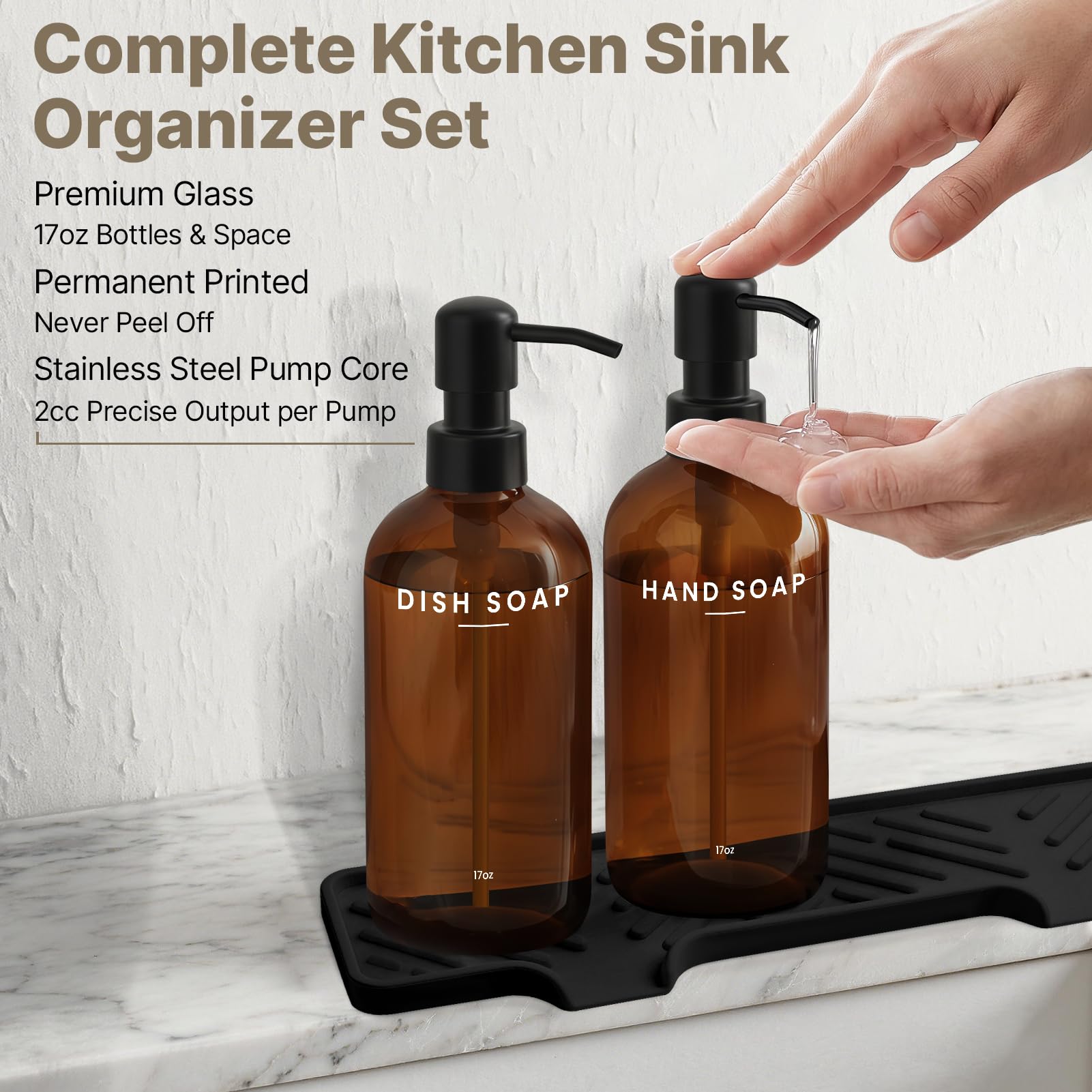 KLL Set di 2 dispenser di sapone in vetro con vassoio, 500 ml, ricaricabili, da bagno, con pompe in acciaio inox antiruggine, include spazzola in bambù, spugna in sisal e imbuto, ambra