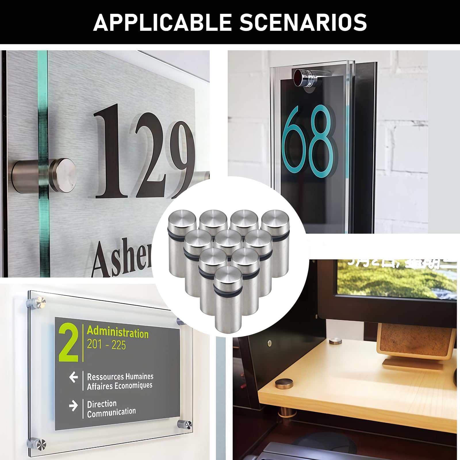 10 distanziatori, supporto a vite pubblicitario in acciaio inox, 12 x 25 mm, chiodi pubblicitari, fissaggi per vetro acrilico, pannelli, foto, segnaletica da parete per uffici e decorazioni