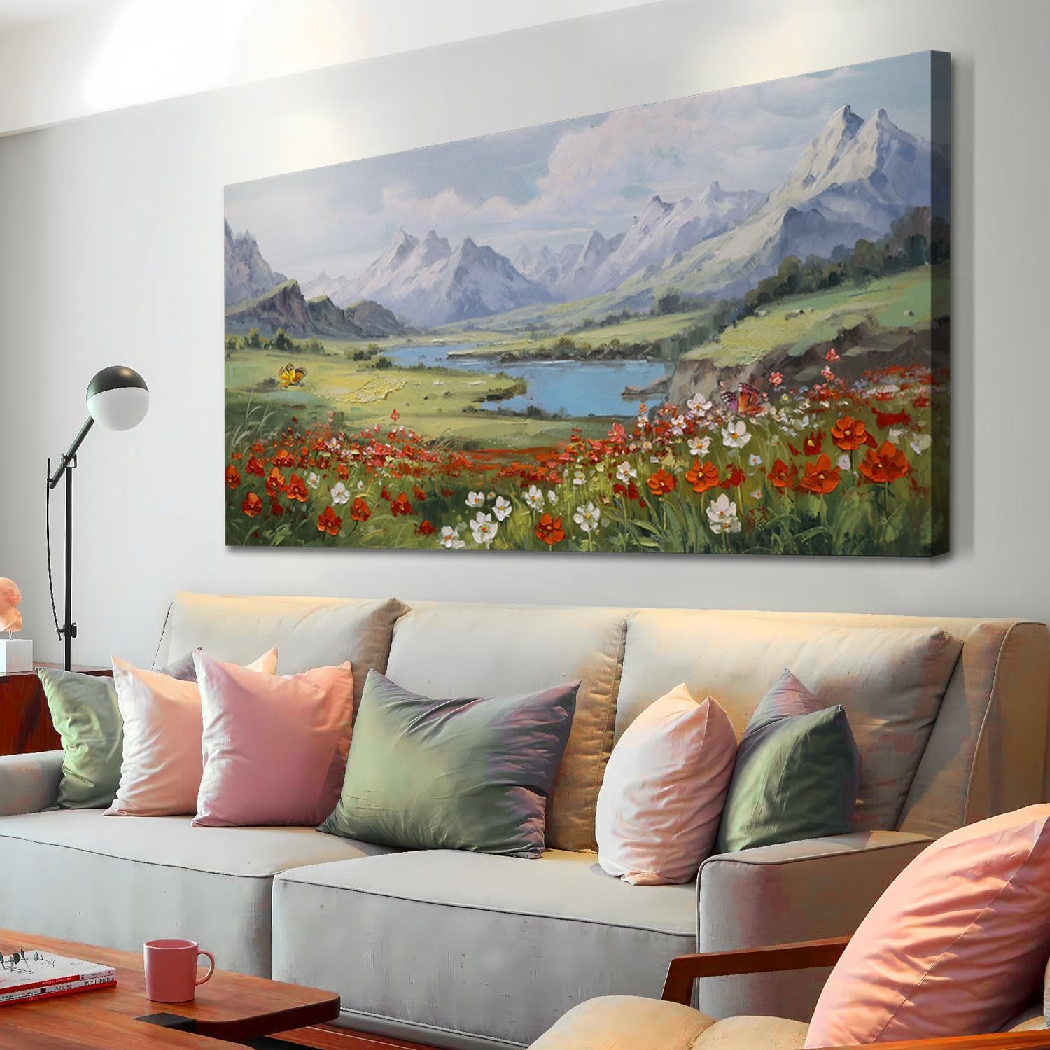 Arjun Landscape Wall Art Canvas for Living Room Mountain Red Flower Painting Bedroom Textured Floral Nature Scenery Picture Framed Artwork for Office Home Wall Decor, 40"x20" 40"L x 20"W Red Flower