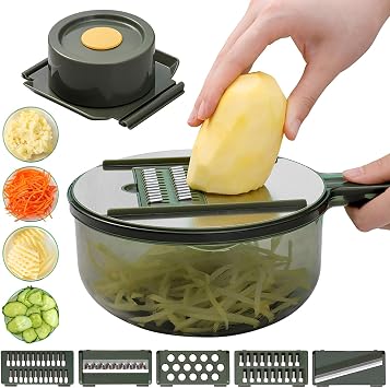 Vegetable Chopper-7 in 1 Food Slicer Vegetable Slicer with Container Food Chopper Multifunctional Vegetable Cutter Slicer With 5 Stainless Steel Blades For Kitchen Green