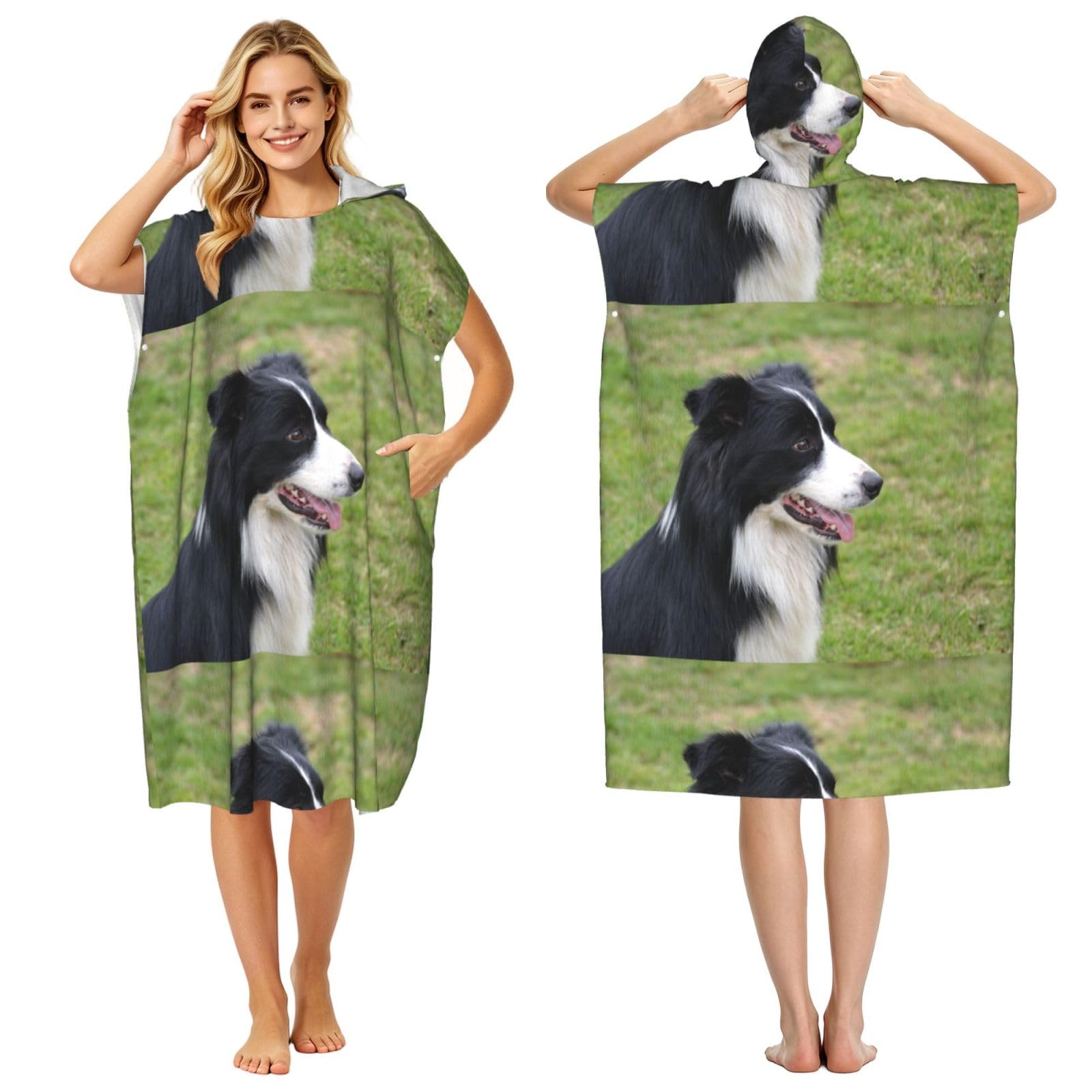 Poadnly Border Collie, Adult Hooded Beach Towel 90 x 110 cm,Changing Bath Robe, Surf Poncho Towel For Women Men