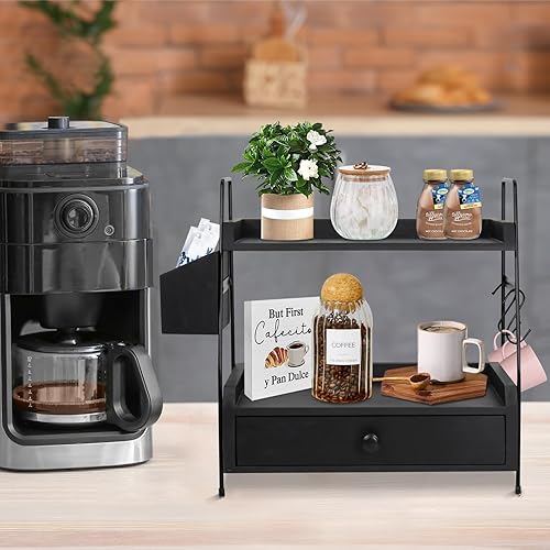 Miniatura 5 de Accesorios de barra de café y organizador de encimera, organizador de estación de café, estante de mostrador de 2 niveles con cajón, soporte para