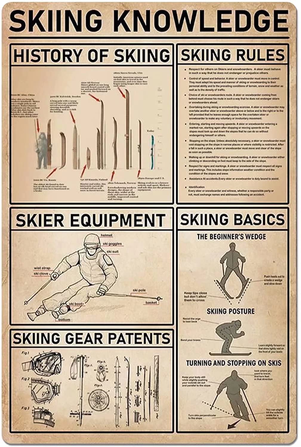 Skiing Knowledge Metal Signs, Fun Poster For Bar Kitchen Cafe Farmhouse Wall Decor 12x16 inch