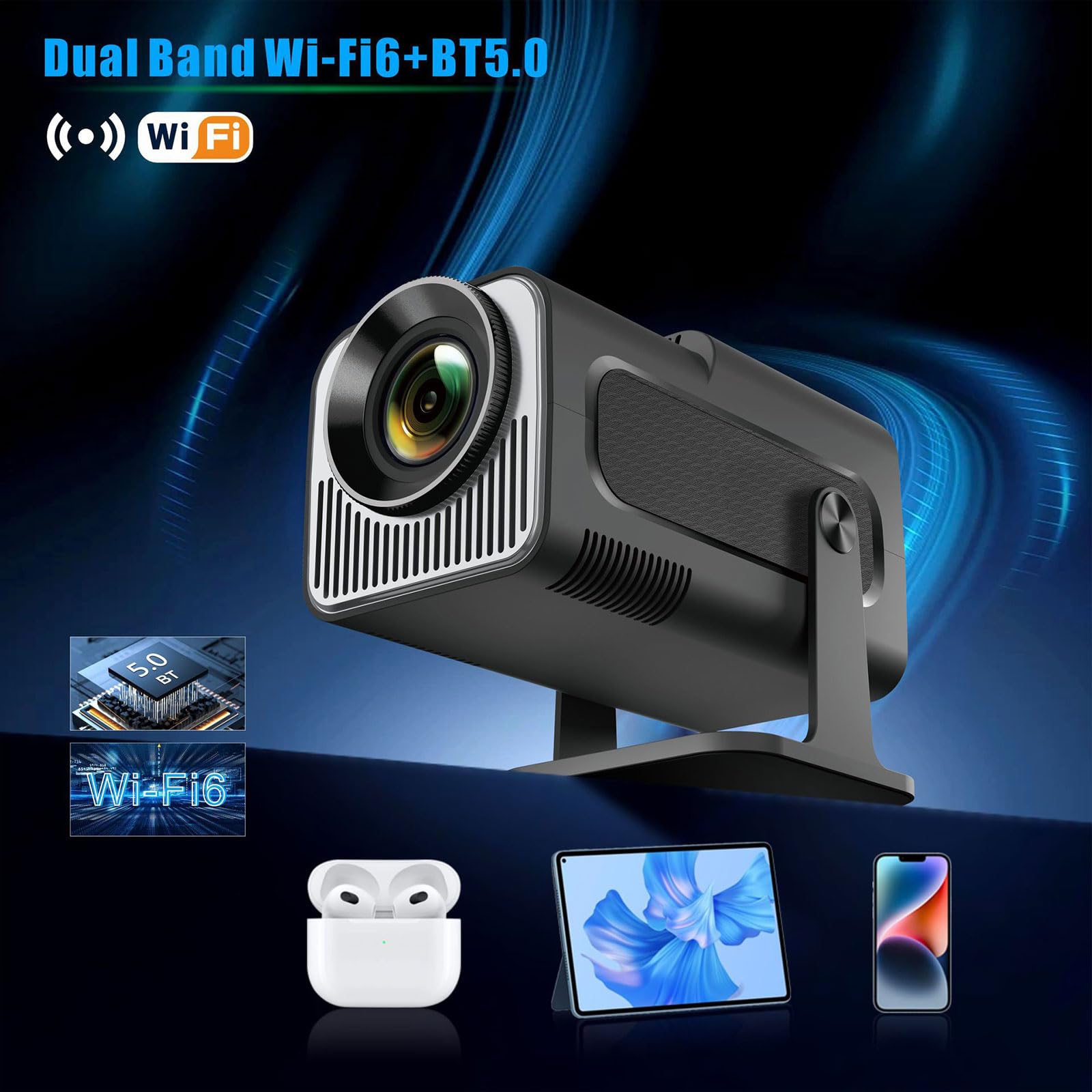 Proiettore intelligente Full HD 1080p, connettività wireless, effetti visivi 4K, rotazione a 180°, correzione trapezoidale automatica, supporto Android