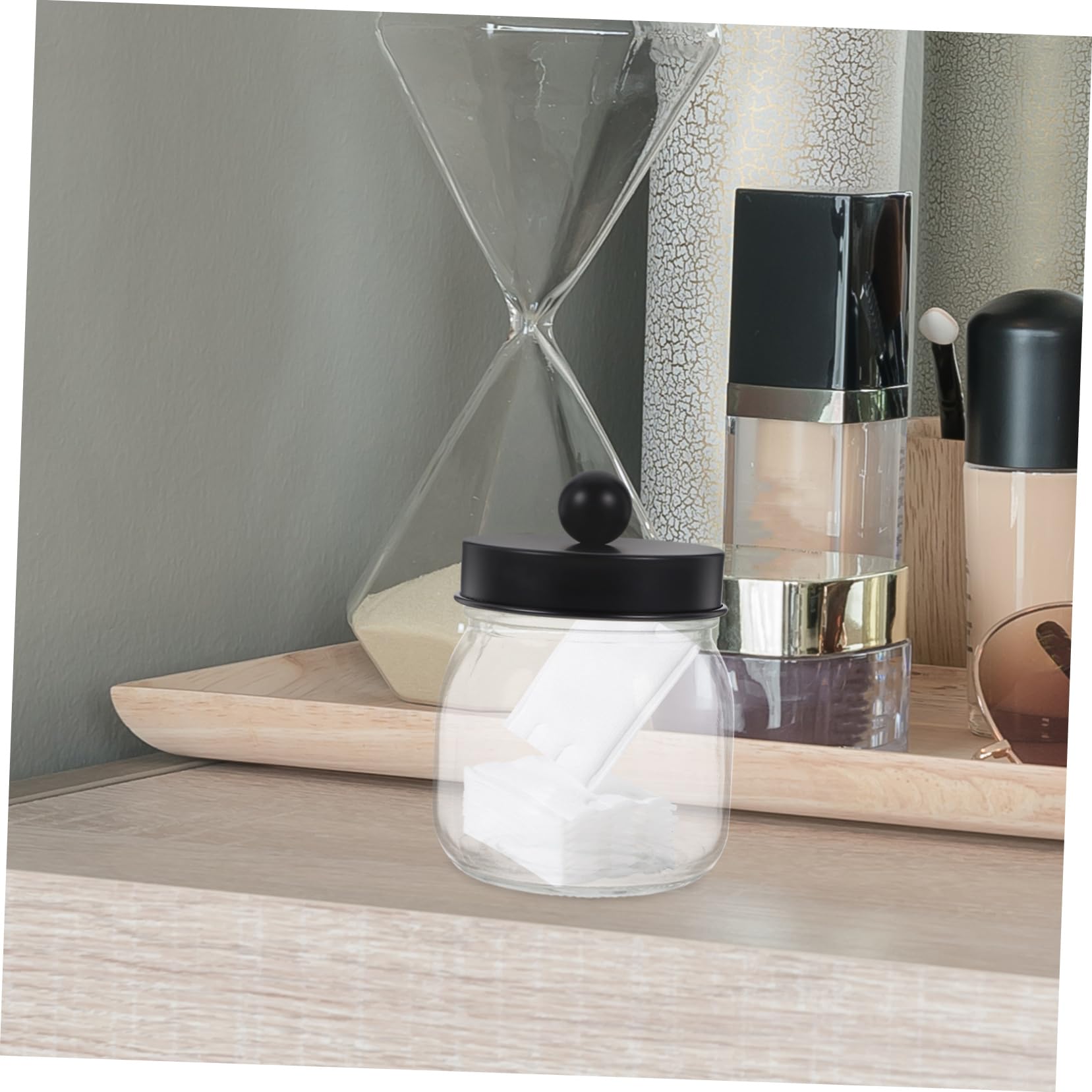 2 Stück Badezimmerglas mit Deckel Hautpflege Organizer aus Glas und Edelstahl Transparent Schwarz für Wattestäbchen und Wattepads