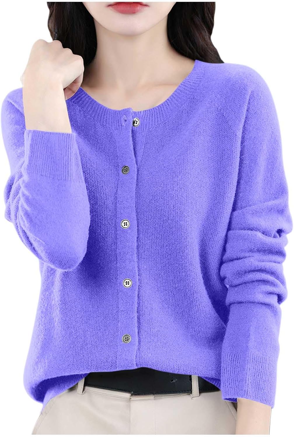 Women's Casual Raglan Sleeve Sweater - Button-Down Crew Neck Pullover Knit Top, Relaxed Fit Fashion Cashmere Sweater