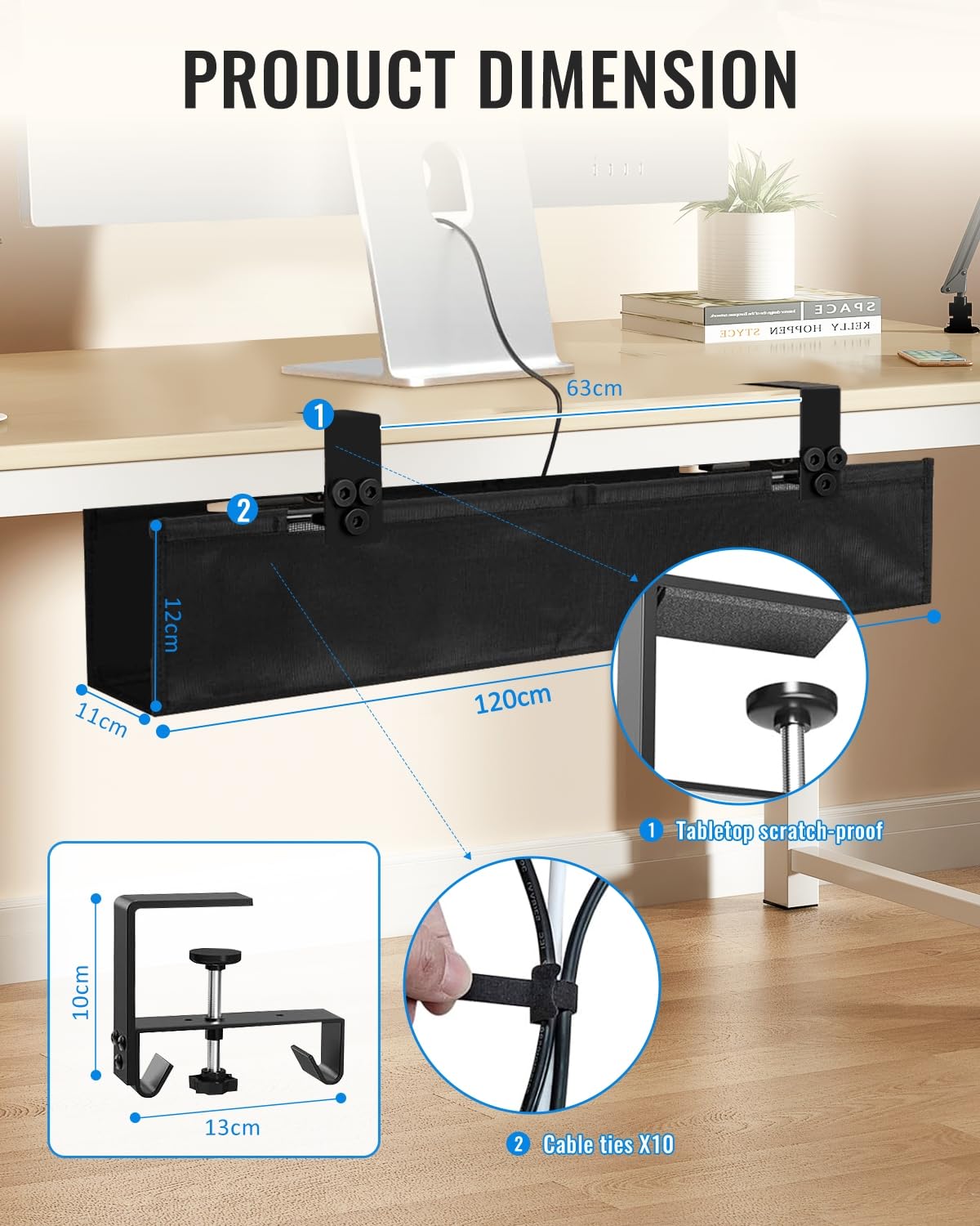 Treibo Canaleta para cables de escritorio sin taladrar, gestión de cables de 122 cm debajo del escritorio, doble tela Oxford 600D, organizador de cables, montaje con abrazaderas/tornillos, bandeja