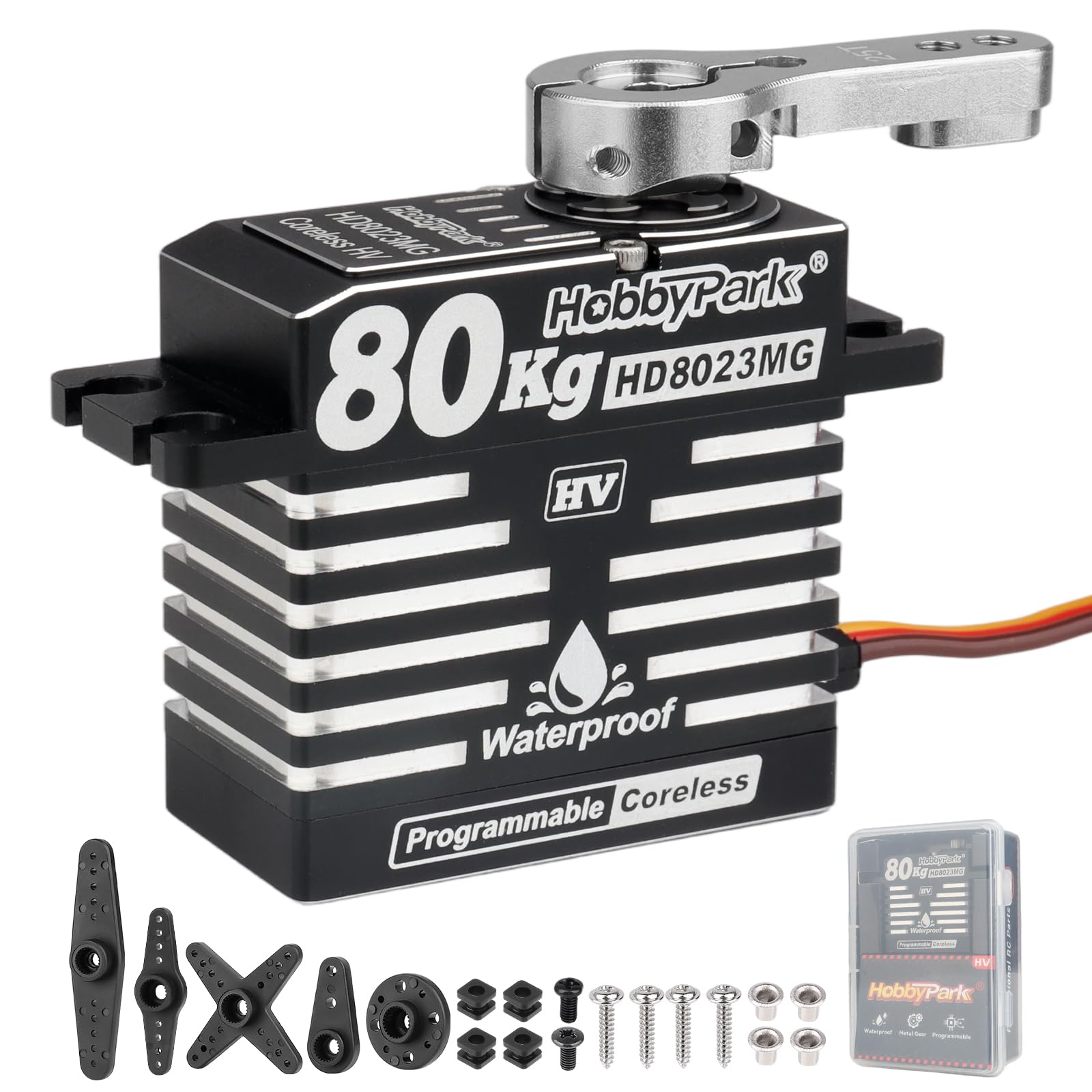 HobbyPark Impermeabile 80kg Alta Coppia RC Sterzo Servo Coreless Motore Digitale Servo Standard HV Metal Gear per 1/8 1/10 RC Crawler Auto Camion Buggy Basher Caso Corto 180 ° Alluminio Caso