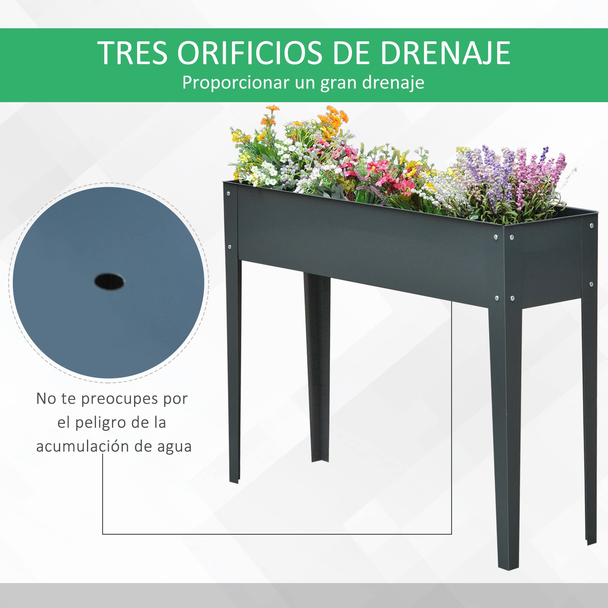 Outsunny Huerto Urbano Elevado Rectangular 100x30x80 cm Gris | Mesa de Cultivo para Plantas, Verduras y Flores con 3 Orificios de Drenaje
