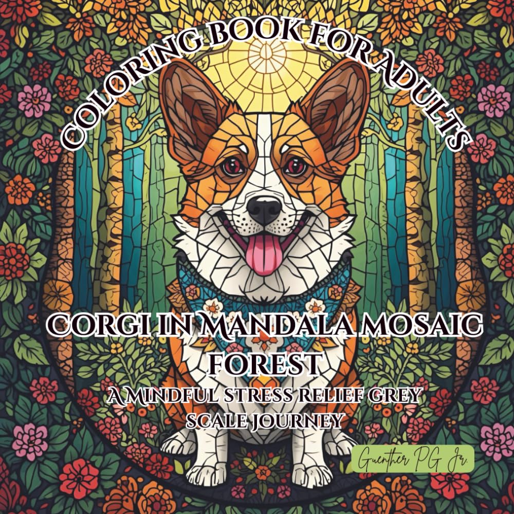 Corgi in mandala mosaic forest: A mindful stress relief grey scale journey