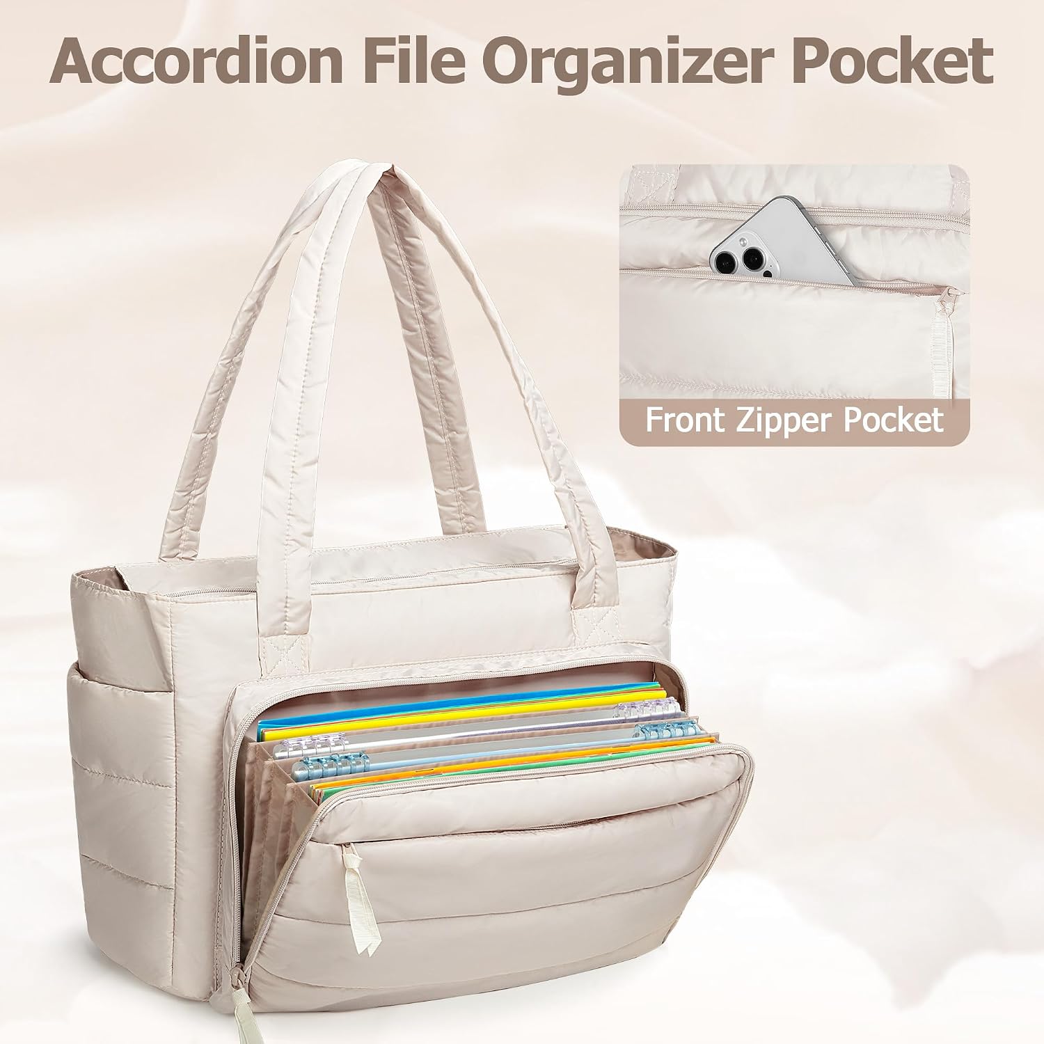 Yarwo Tote Bag for Women, Lightweight Puffy Tote Bag with Accordion File Organizer Pocket and Cup Holder for Travel Work Gym