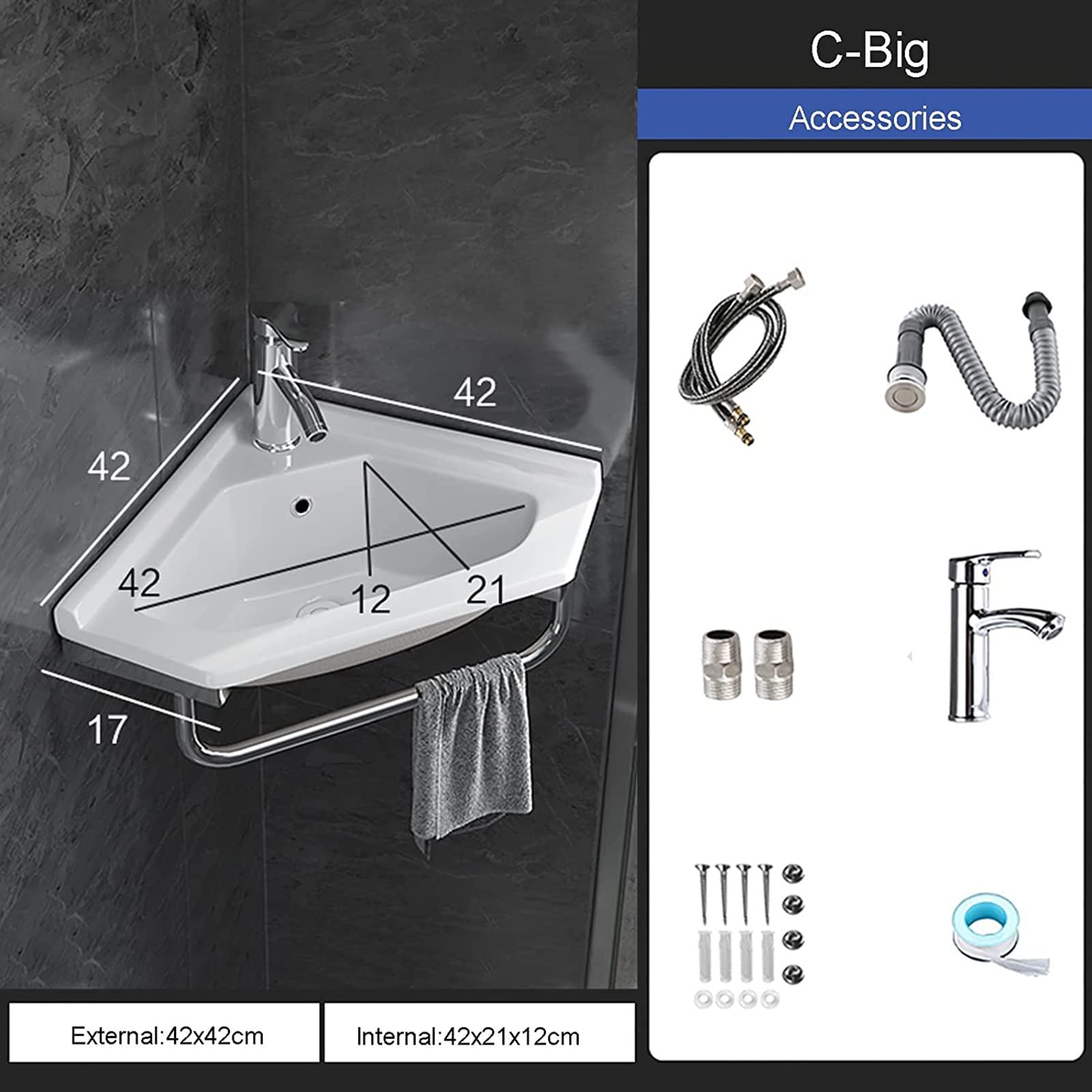 Lavabo in Ceramica ad Angolo Bianco, Lavabo a Parete Bagno con Rubinetto Combinato e Appendiabiti a Torre, Bianca con Troppopieno