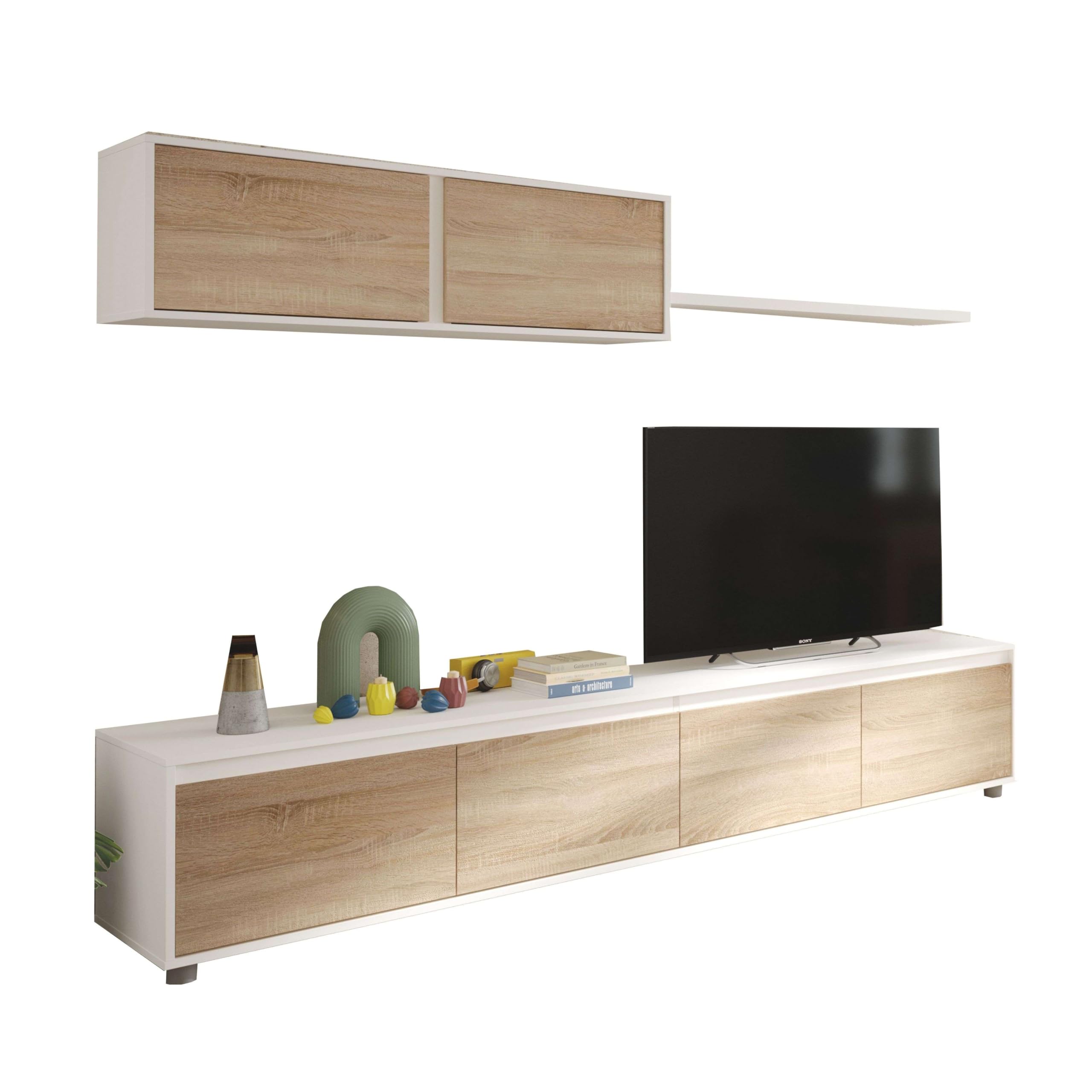 Miroytengo Conjunto para Salón con Mueble TV, módulo Superior y Estante en Color Roble Canadian y Blanco Mate 200cm