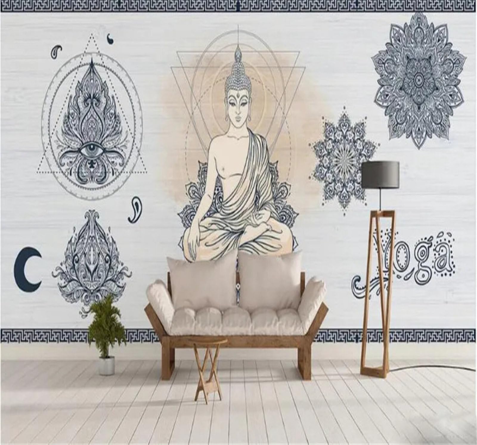Tzxztt 250Cm×170Cm(B×H) Vintage Hand Drawn Flowers Buddha Statues Yoga Studio Modern 3D Wallpaper Premium Textured Silk Neutral Tones Material Ideal For Living Room Bedroom-250Cm×170Cm