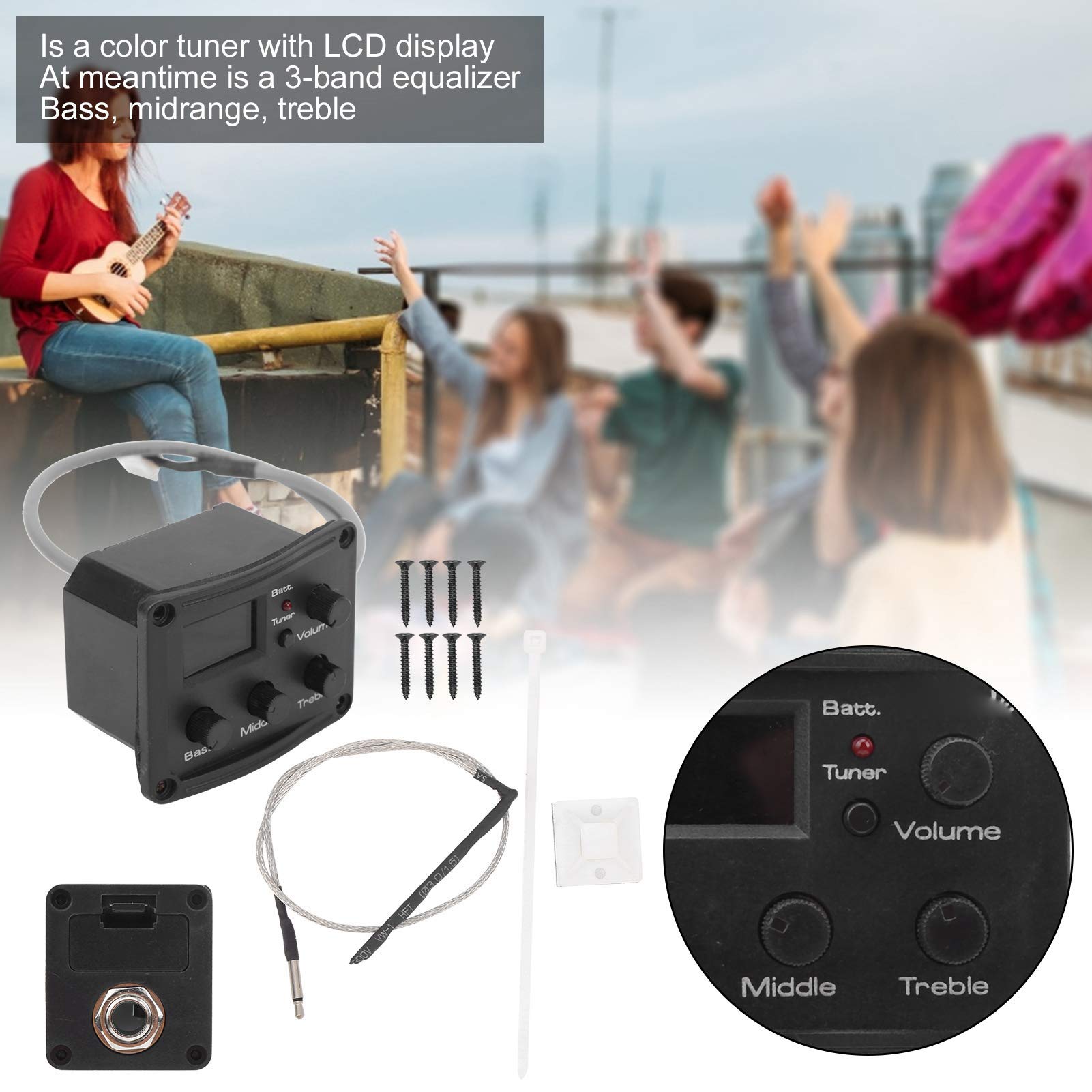 Dilwe Sintonizador EQ de Pastilla de Ukelele con Pantalla LED Ecualizador de 3 segmentos Accesorio de Instrumento Musical para Amantes del Ukelele